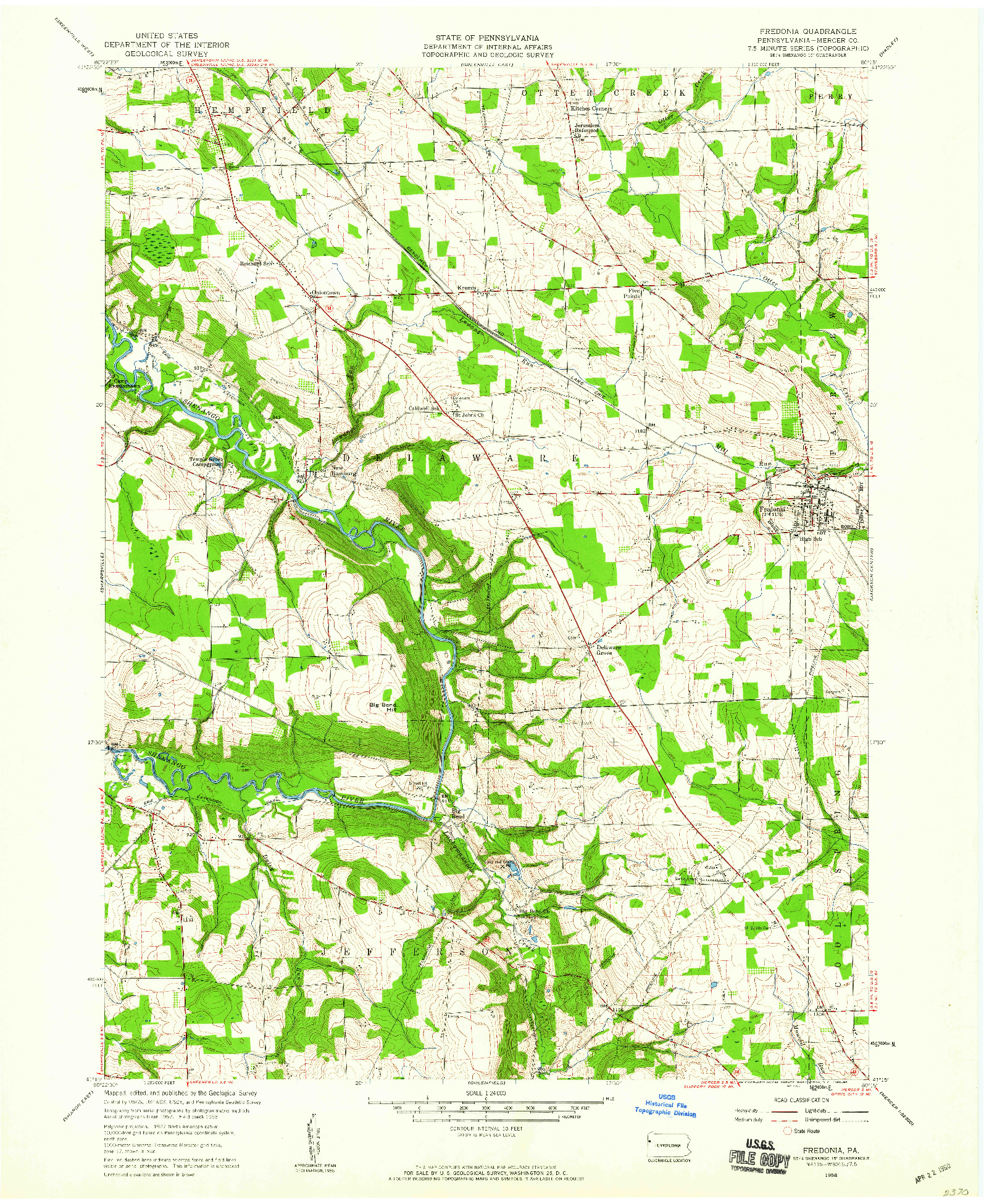 USGS 1:24000-SCALE QUADRANGLE FOR FREDONIA, PA 1958