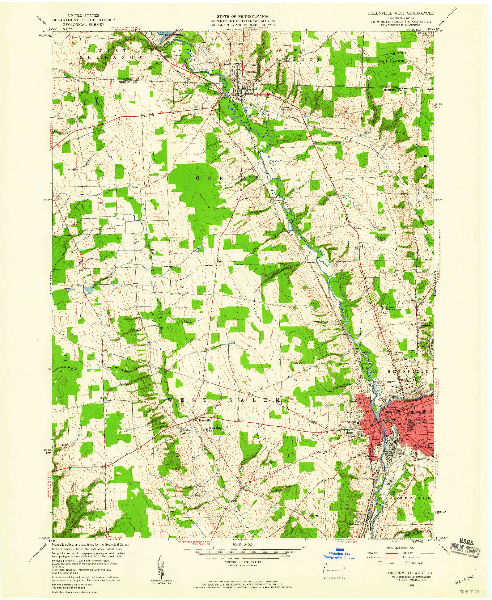 USGS 1:24000-SCALE QUADRANGLE FOR GREENSVILLE WEST, PA 1958