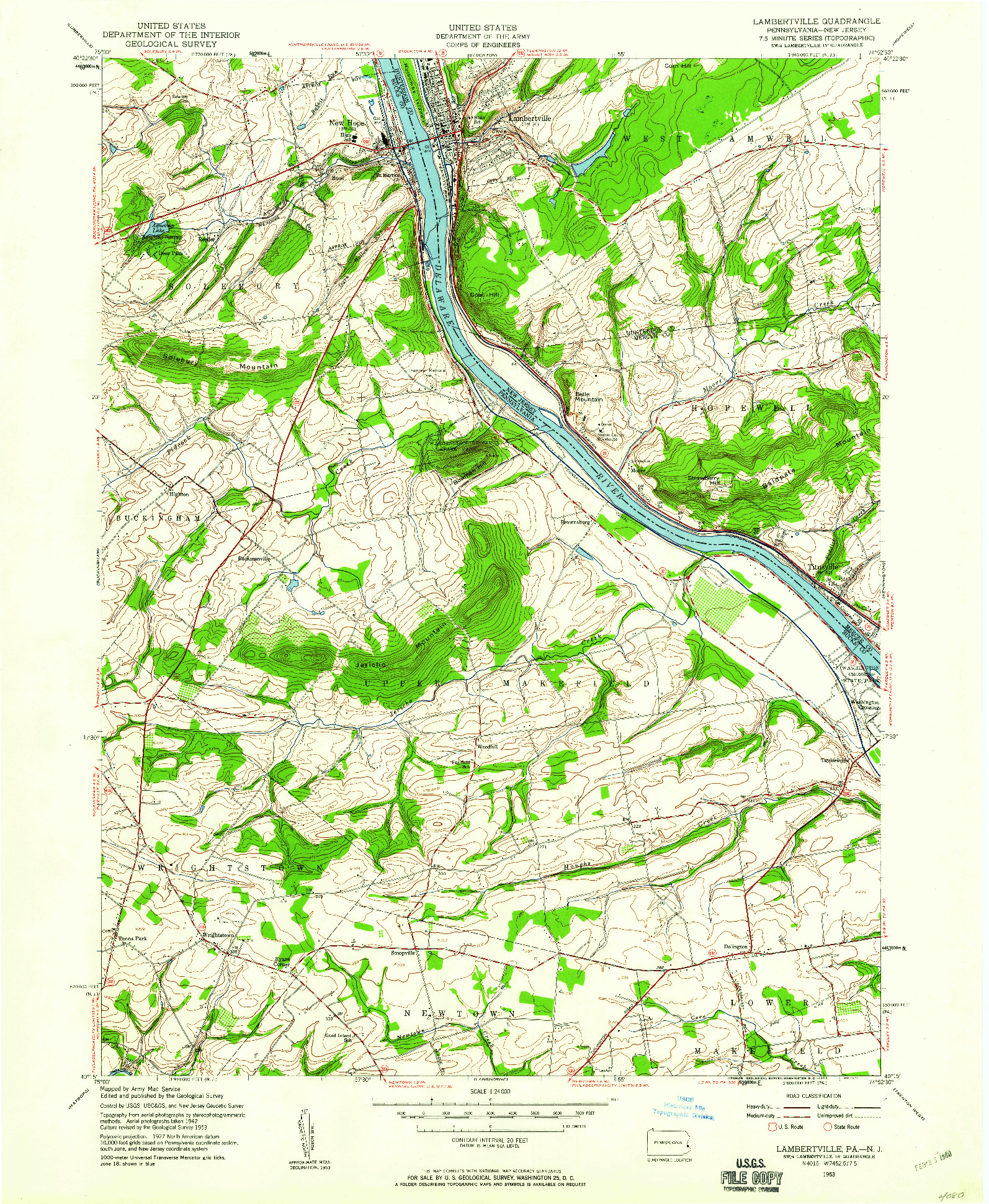 USGS 1:24000-SCALE QUADRANGLE FOR LAMBERTVILLE, PA 1953