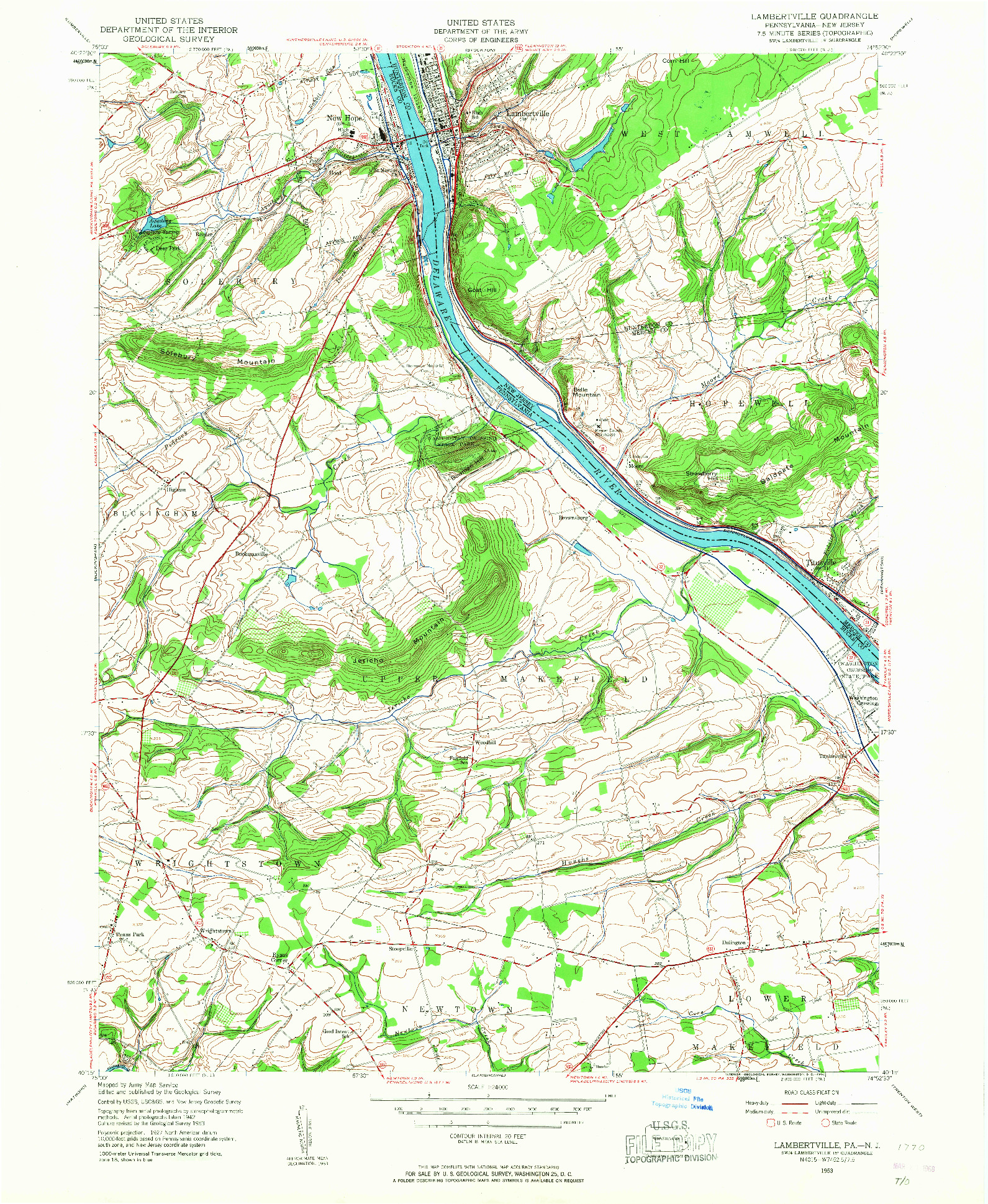 USGS 1:24000-SCALE QUADRANGLE FOR LAMBERTVILLE, PA 1953