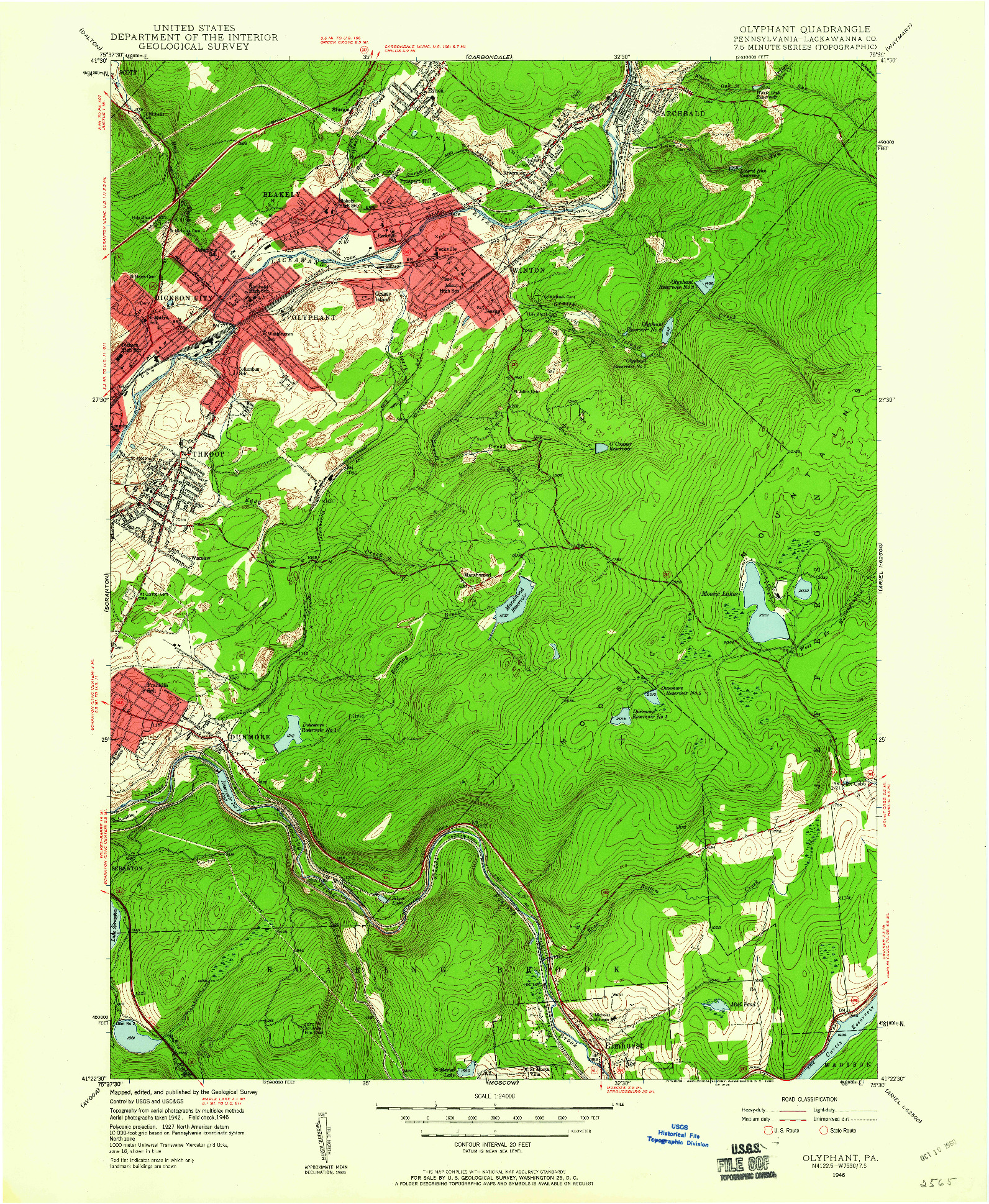 USGS 1:24000-SCALE QUADRANGLE FOR OLYPHANT, PA 1946