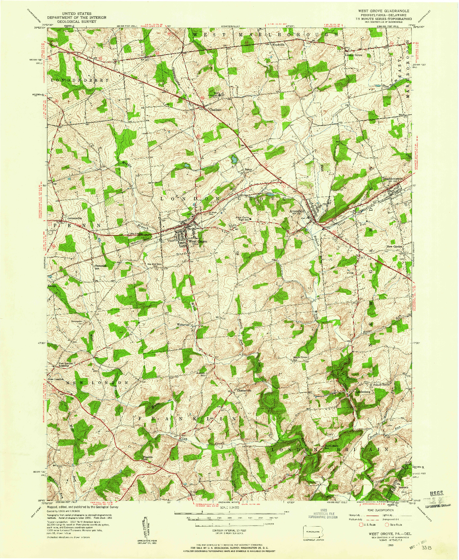 USGS 1:24000-SCALE QUADRANGLE FOR WEST GROVE, PA 1953