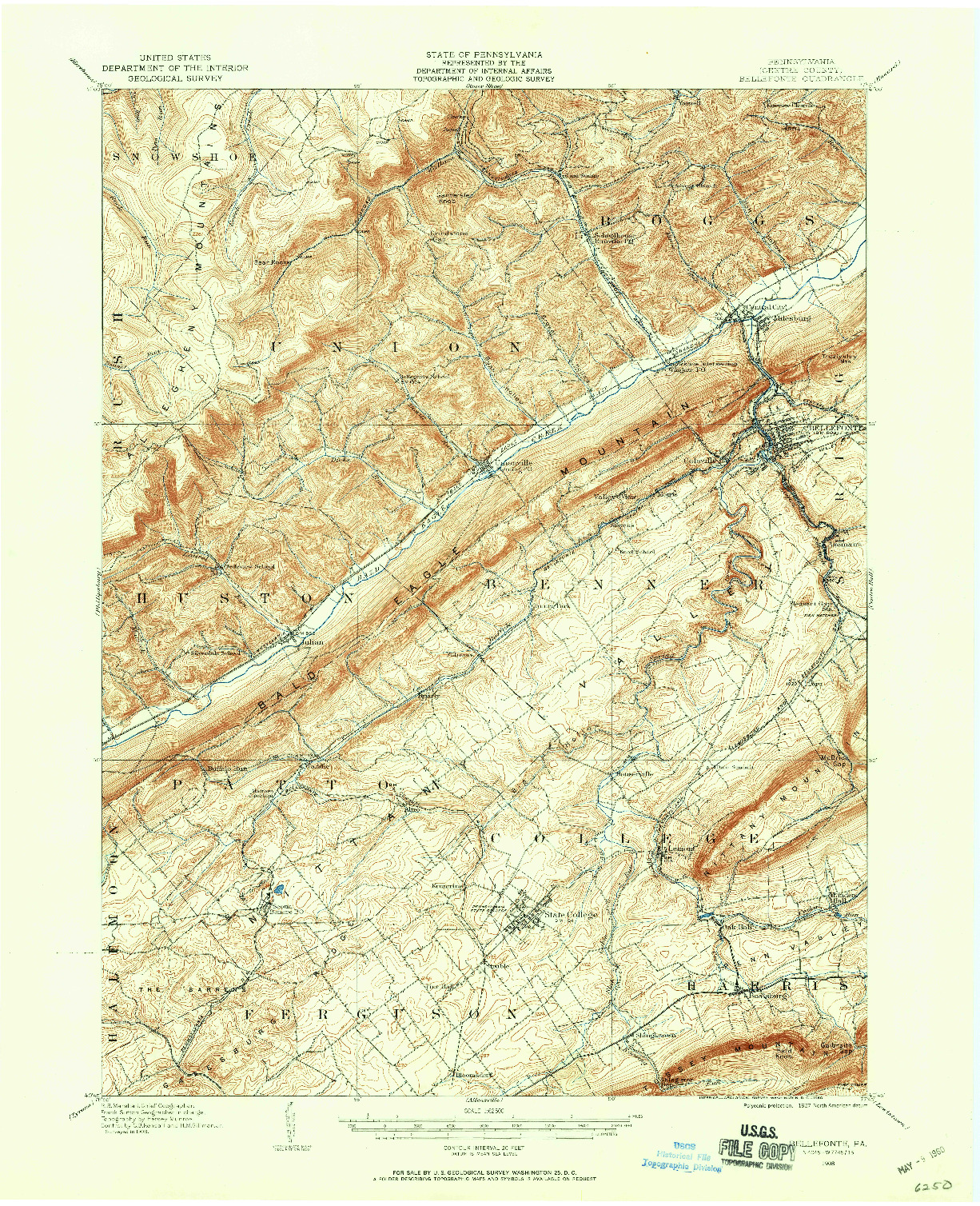 USGS 1:62500-SCALE QUADRANGLE FOR BELLEFONTE, PA 1908