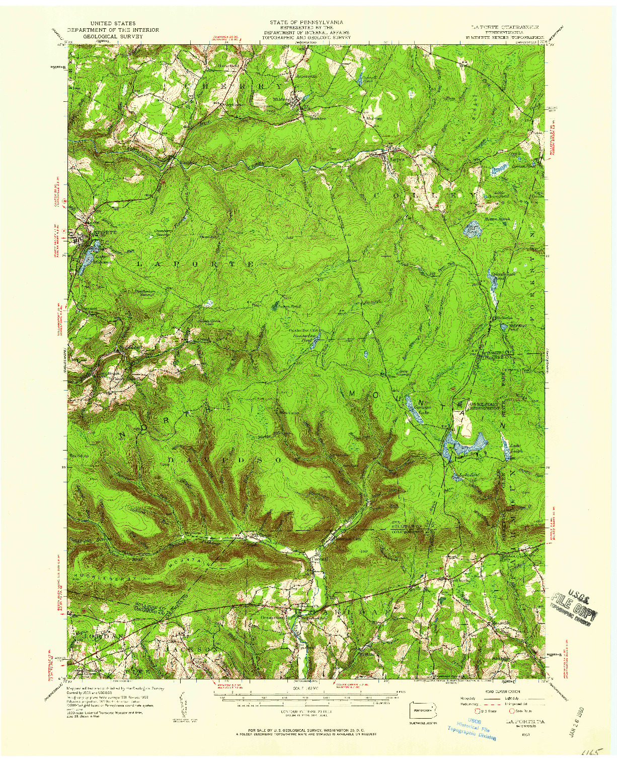 USGS 1:62500-SCALE QUADRANGLE FOR LAPORTE, PA 1953