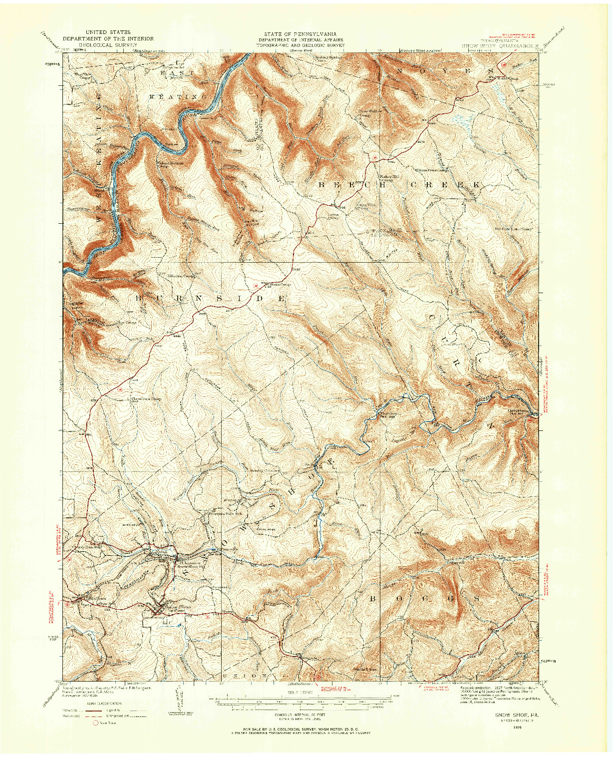 USGS 1:62500-SCALE QUADRANGLE FOR SNOW SHOE, PA 1928