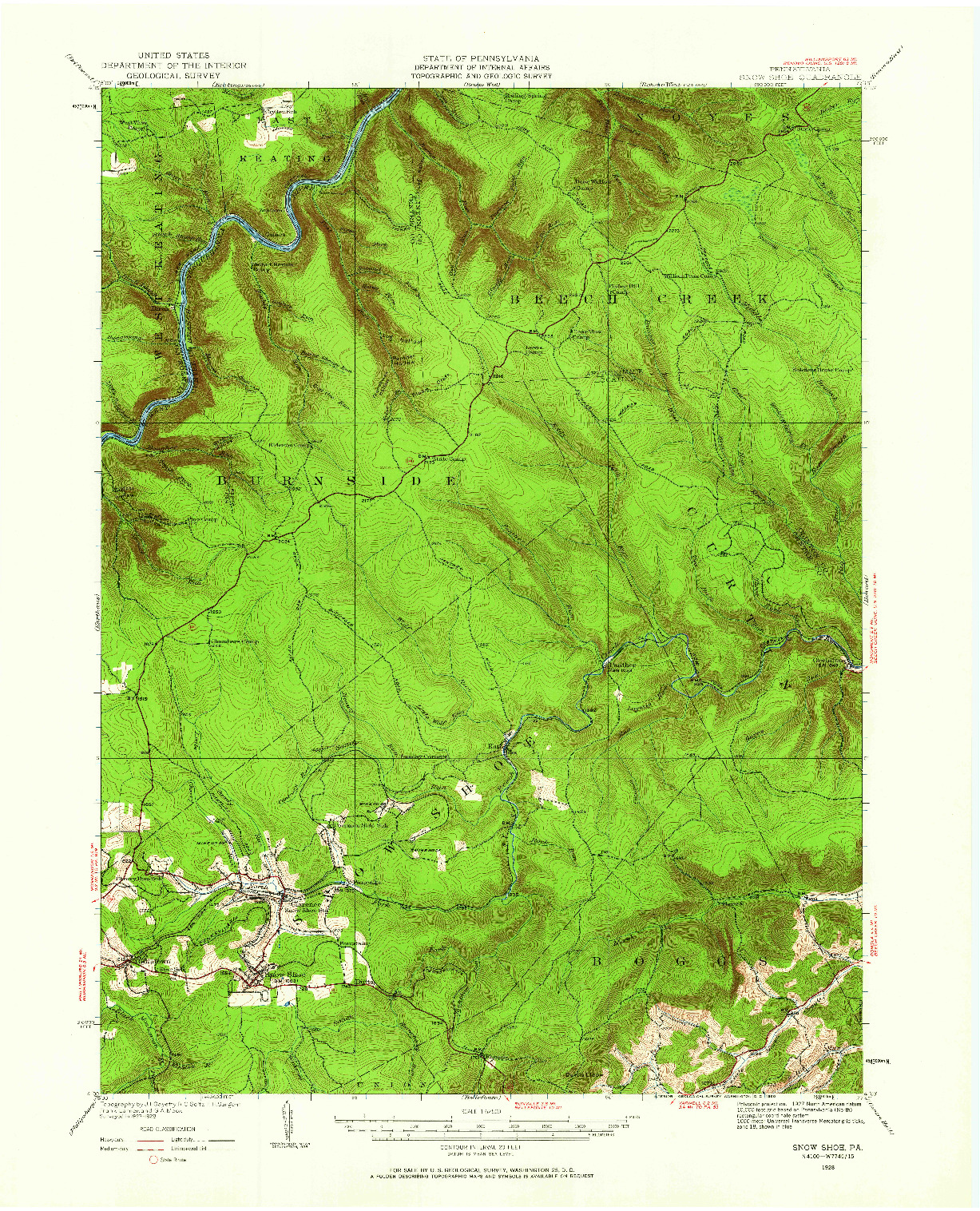 USGS 1:62500-SCALE QUADRANGLE FOR SNOW SHOE, PA 1928