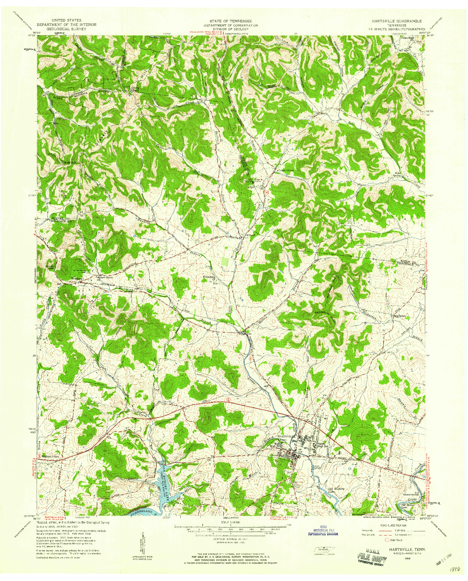 USGS 1:24000-SCALE QUADRANGLE FOR HARTSVILLE, TN 1958