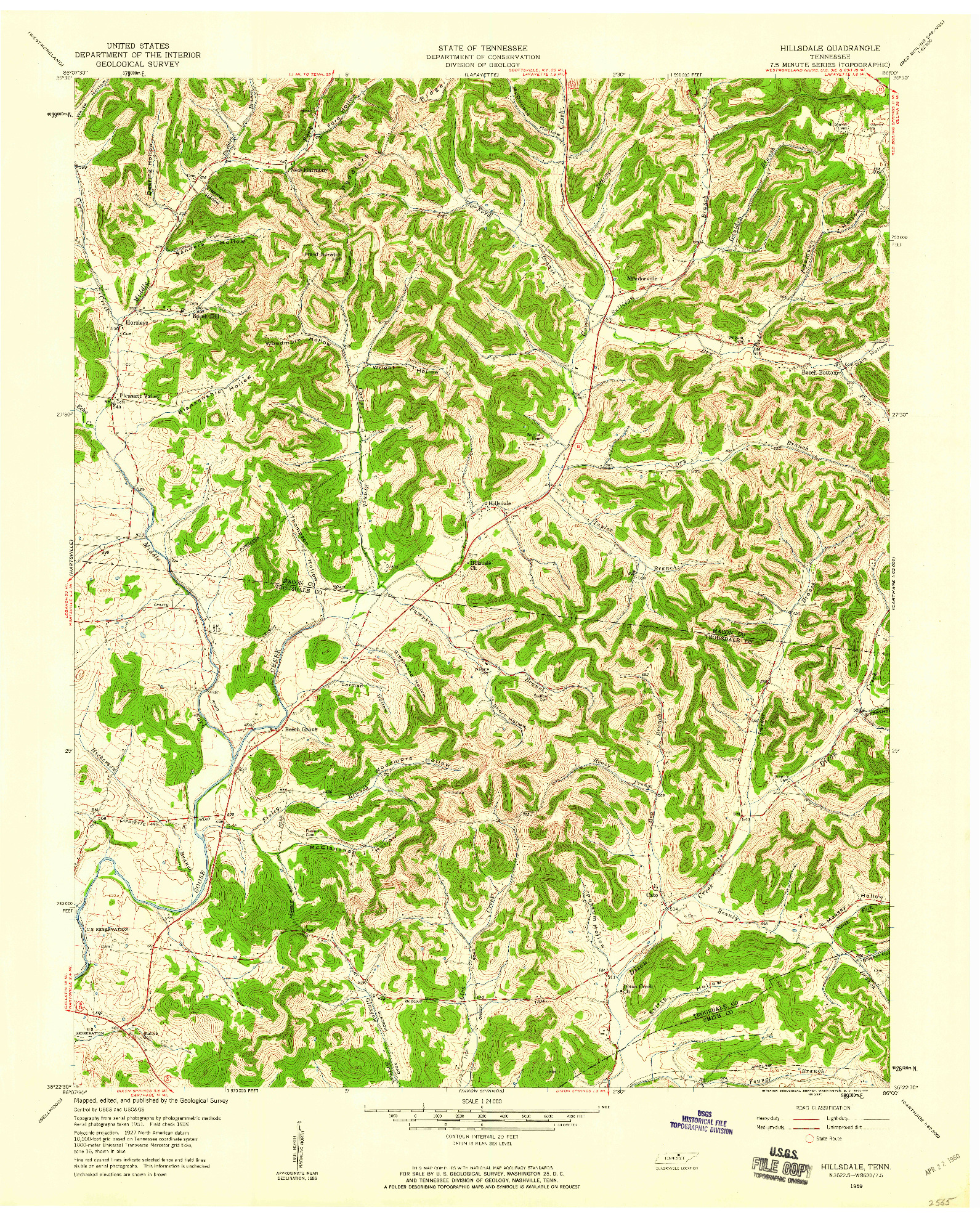 USGS 1:24000-SCALE QUADRANGLE FOR HILLSDALE, TN 1959