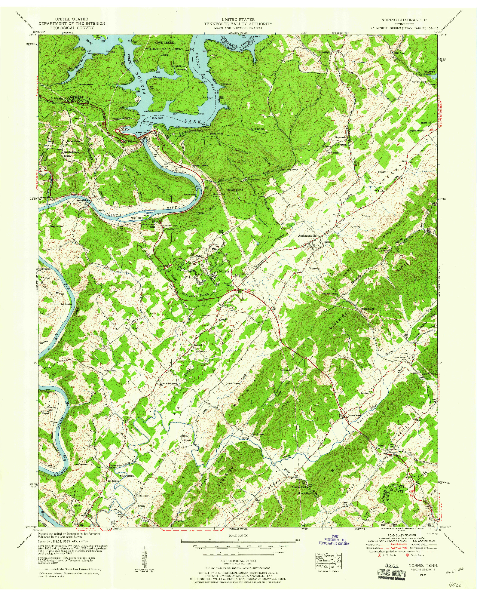 USGS 1:24000-SCALE QUADRANGLE FOR NORRIS, TN 1952