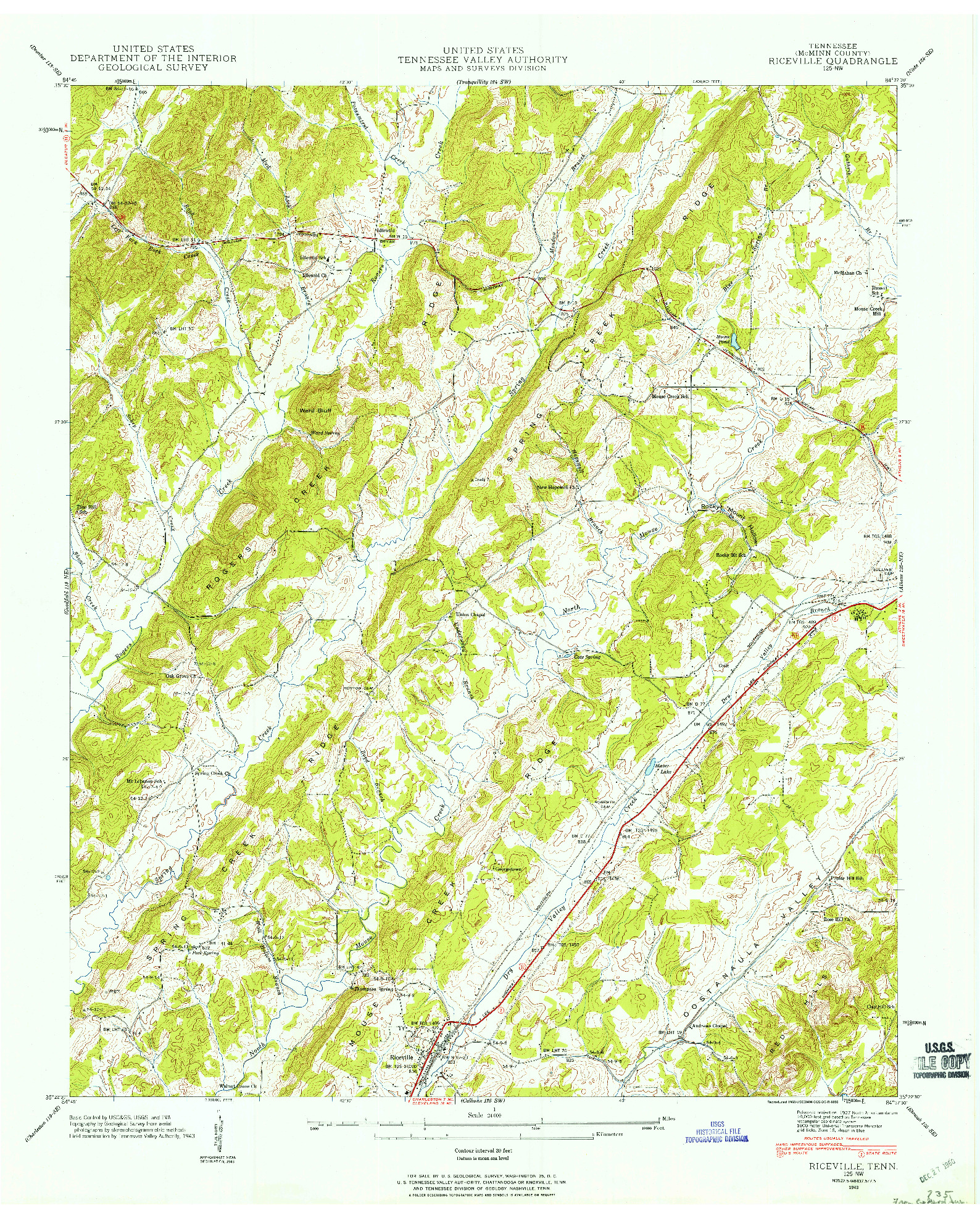 USGS 1:24000-SCALE QUADRANGLE FOR RICEVILLE, TN 1943