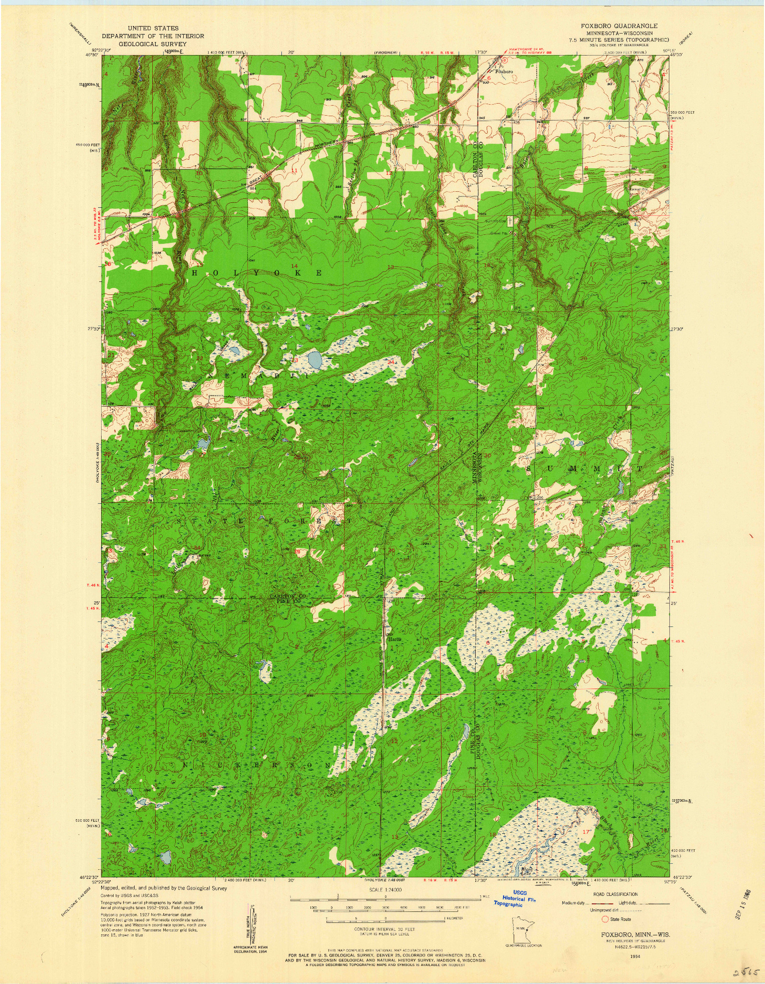 USGS 1:24000-SCALE QUADRANGLE FOR FOXBORO, MN 1954