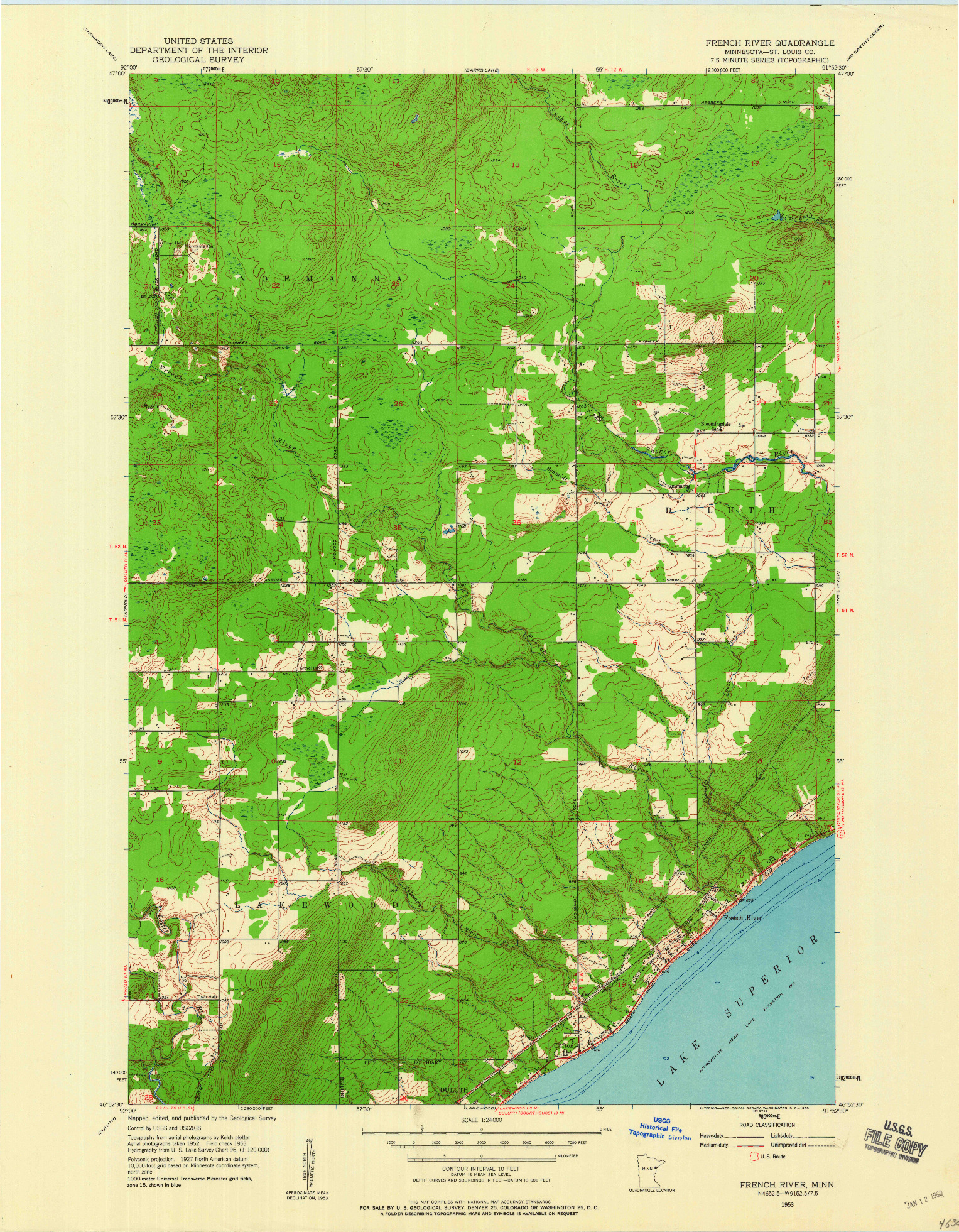 USGS 1:24000-SCALE QUADRANGLE FOR FRENCH RIVER, MN 1953