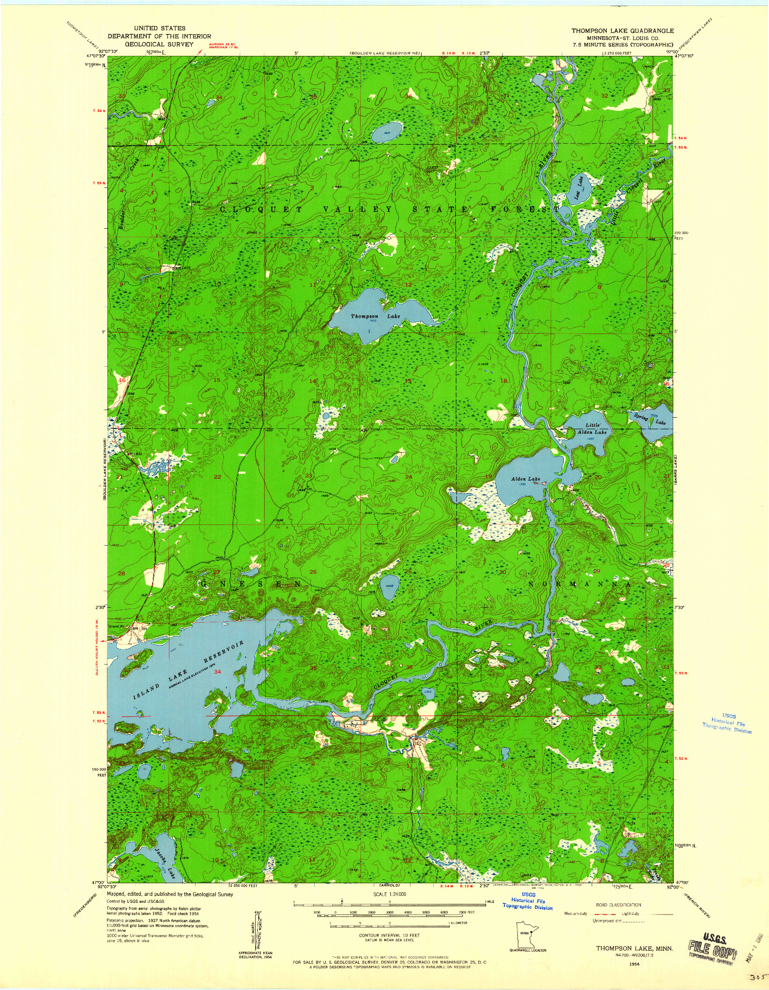 USGS 1:24000-SCALE QUADRANGLE FOR THOMPSON LAKE, MN 1954