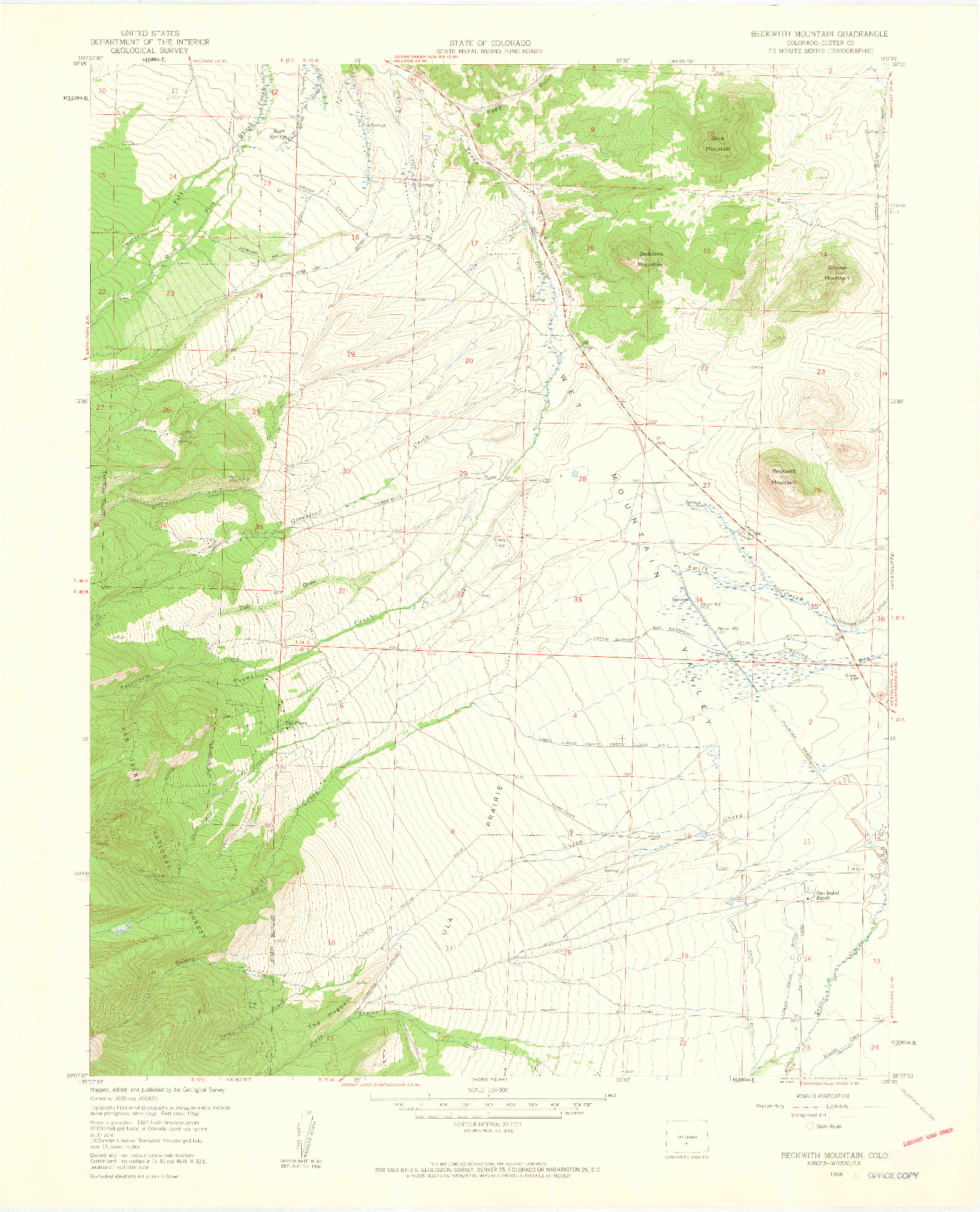 USGS 1:24000-SCALE QUADRANGLE FOR BECKWITH MOUNTAIN, CO 1958