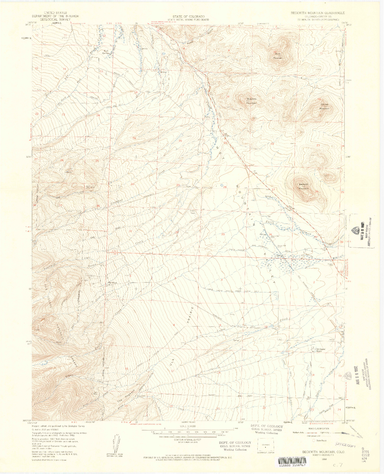 USGS 1:24000-SCALE QUADRANGLE FOR BECKWITH MOUNTAIN, CO 1958