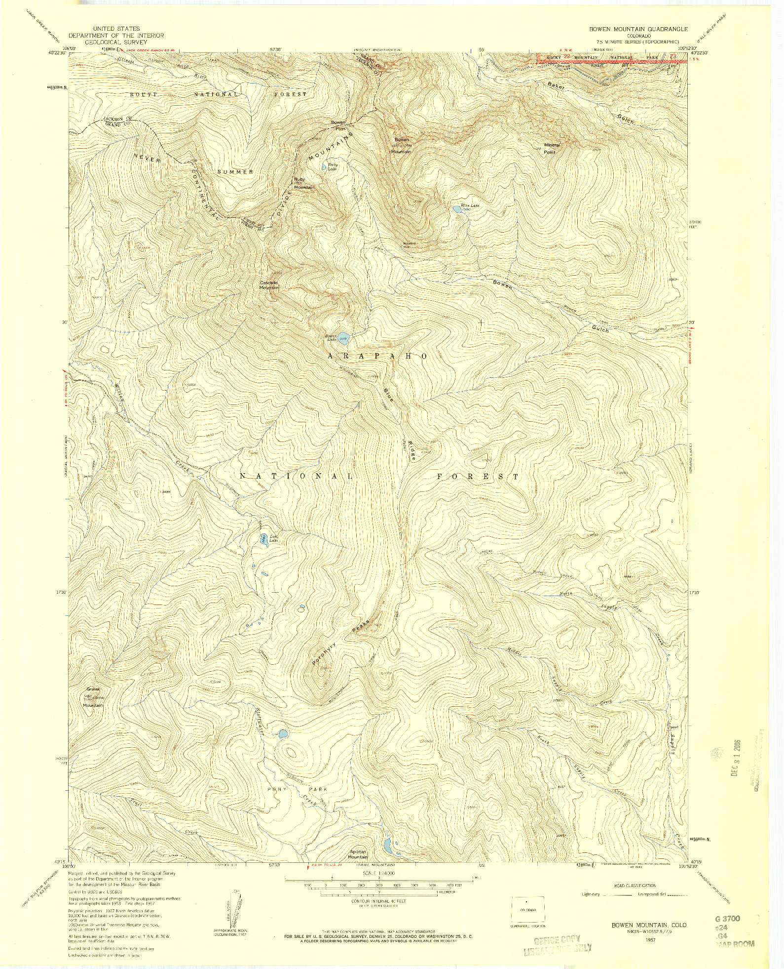 USGS 1:24000-SCALE QUADRANGLE FOR BOWEN MOUNTAIN, CO 1957