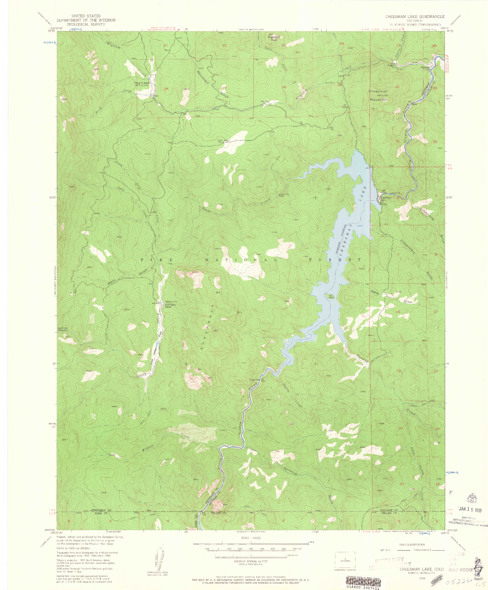 USGS 1:24000-SCALE QUADRANGLE FOR CHEESMAN LAKE, CO 1956