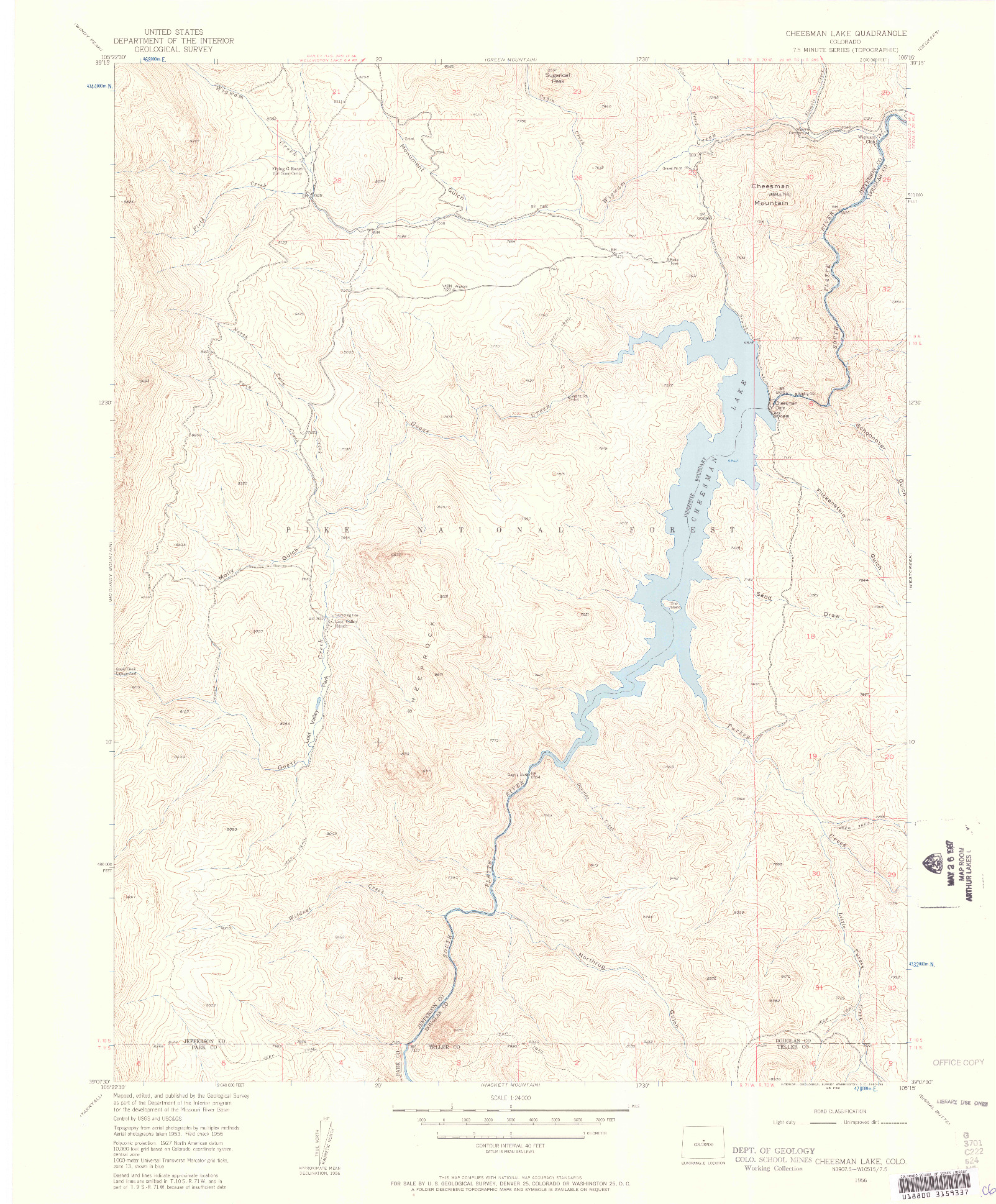 USGS 1:24000-SCALE QUADRANGLE FOR CHEESMAN LAKE, CO 1956