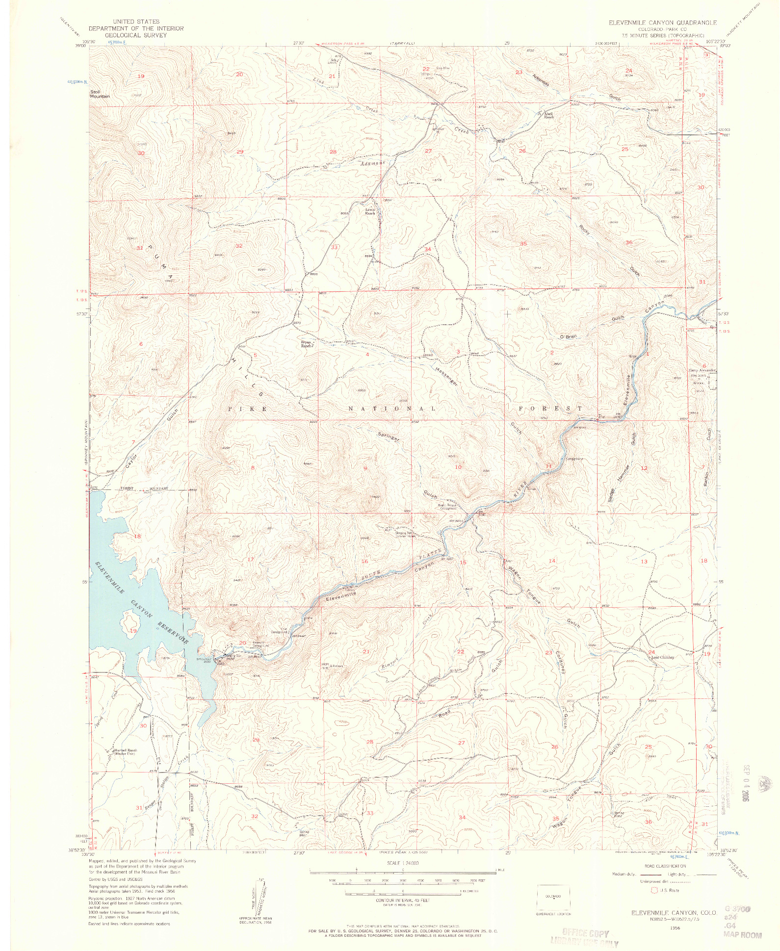 USGS 1:24000-SCALE QUADRANGLE FOR ELEVENMILE CANYON, CO 1956