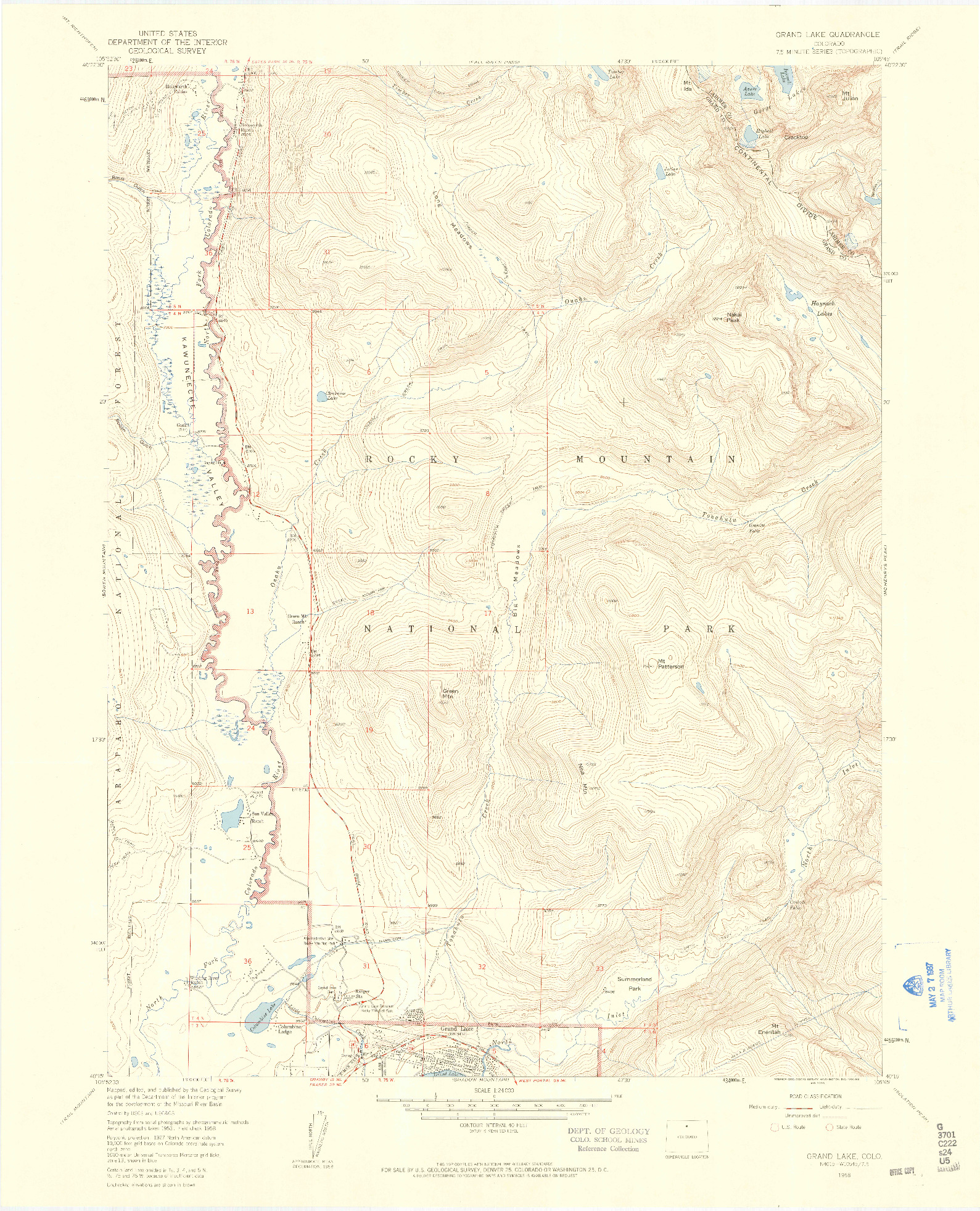 USGS 1:24000-SCALE QUADRANGLE FOR GRAND LAKE, CO 1958