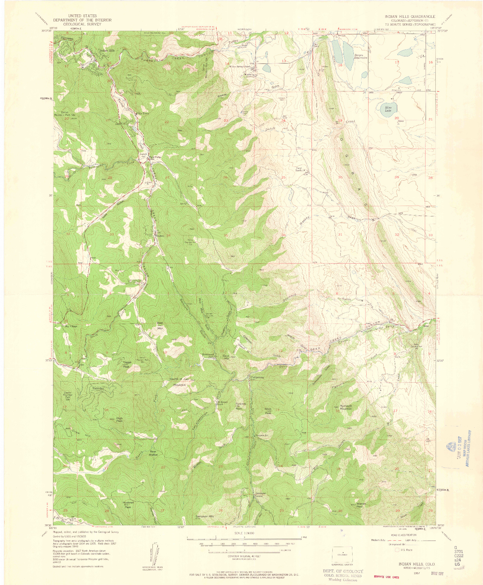 USGS 1:24000-SCALE QUADRANGLE FOR INDIAN HILLS, CO 1957