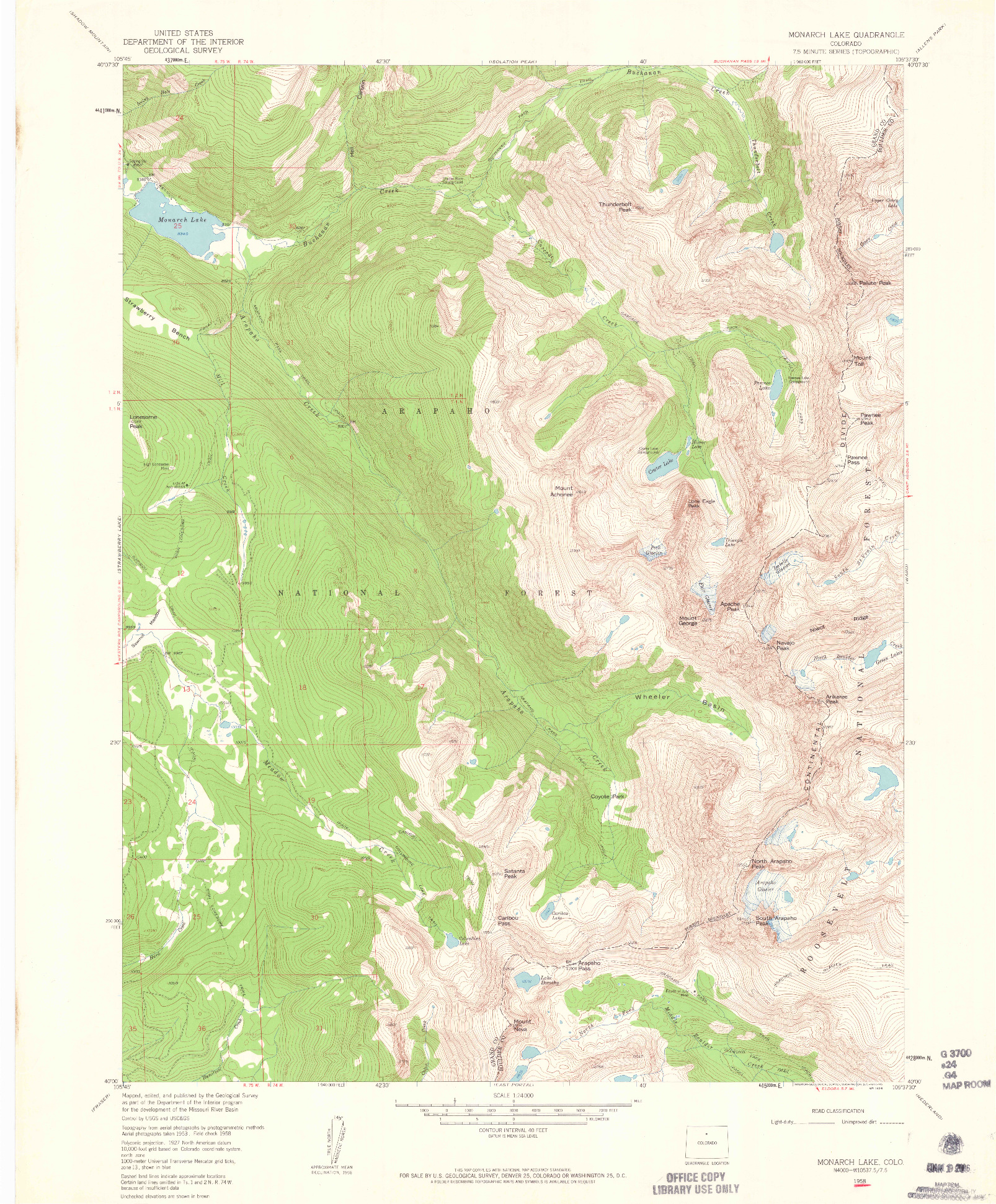 USGS 1:24000-SCALE QUADRANGLE FOR MONARCH LAKE, CO 1958