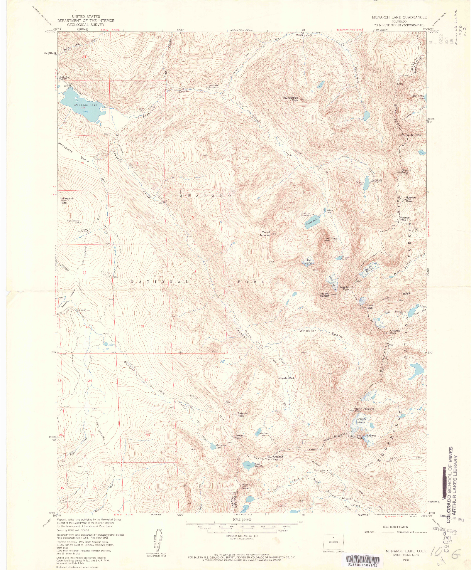 USGS 1:24000-SCALE QUADRANGLE FOR MONARCH LAKE, CO 1958