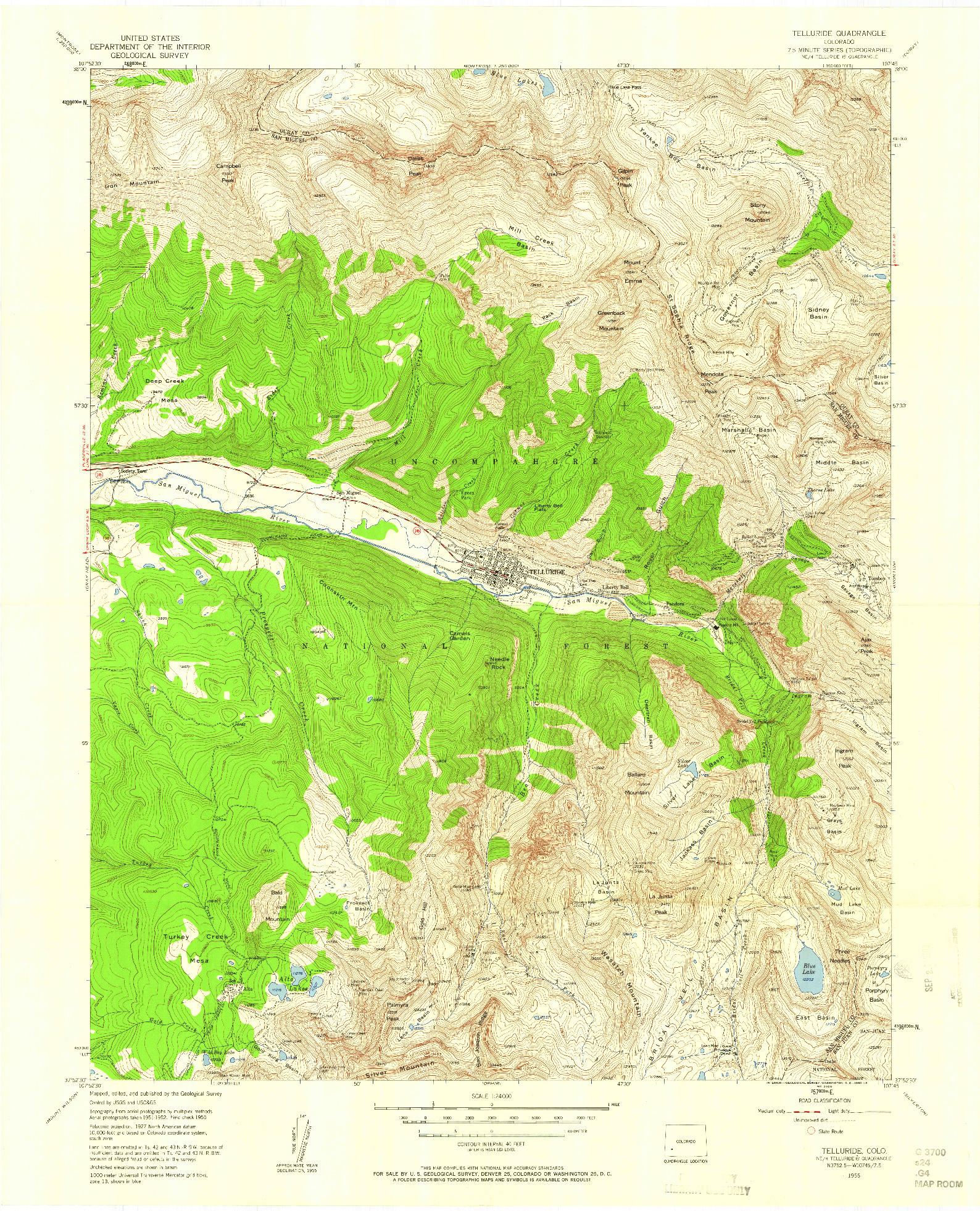 USGS 1:24000-SCALE QUADRANGLE FOR TELLURIDE, CO 1955