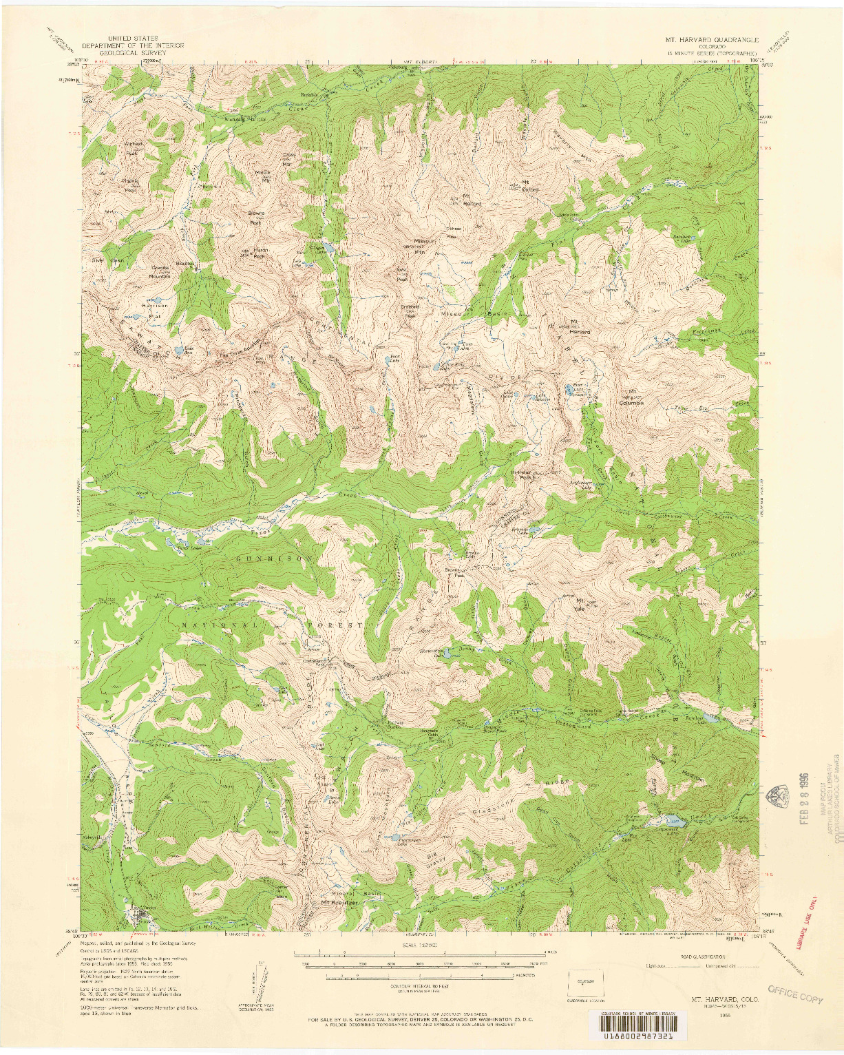 USGS 1:62500-SCALE QUADRANGLE FOR MOUNT HARVARD, CO 1955