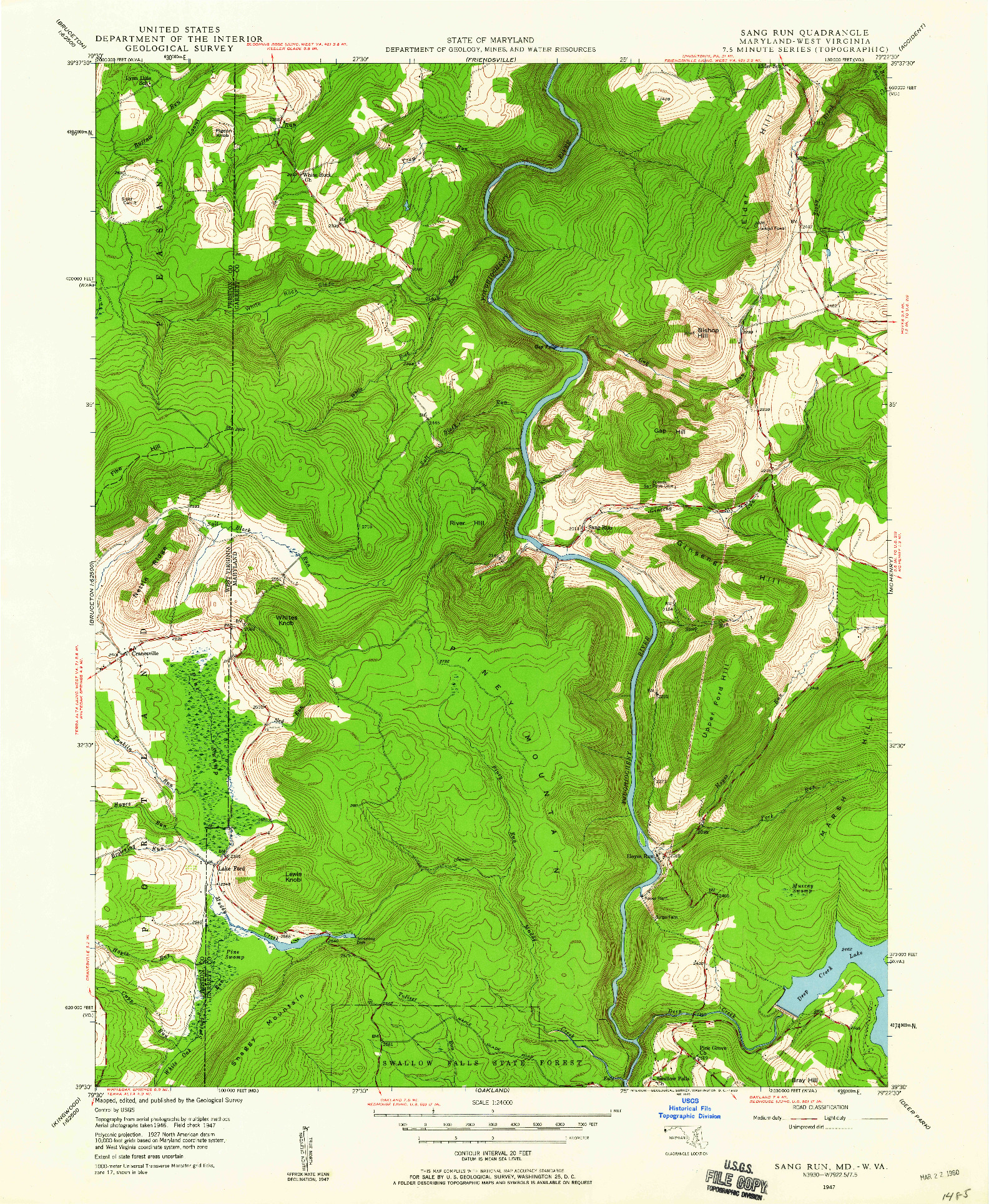 USGS 1:24000-SCALE QUADRANGLE FOR SANG RUN, MD 1947