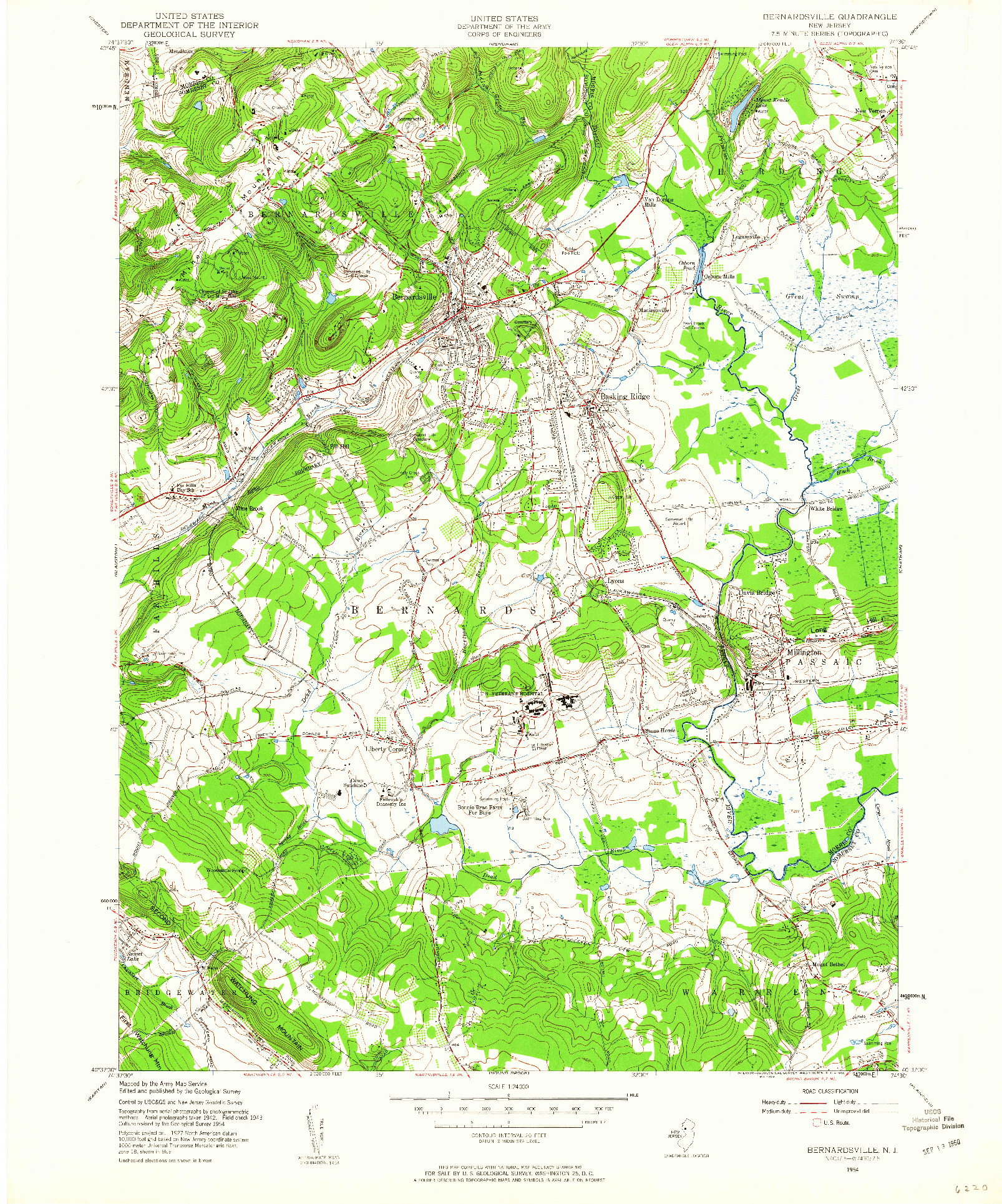 USGS 1:24000-SCALE QUADRANGLE FOR BERNARDSVILLE, NJ 1954