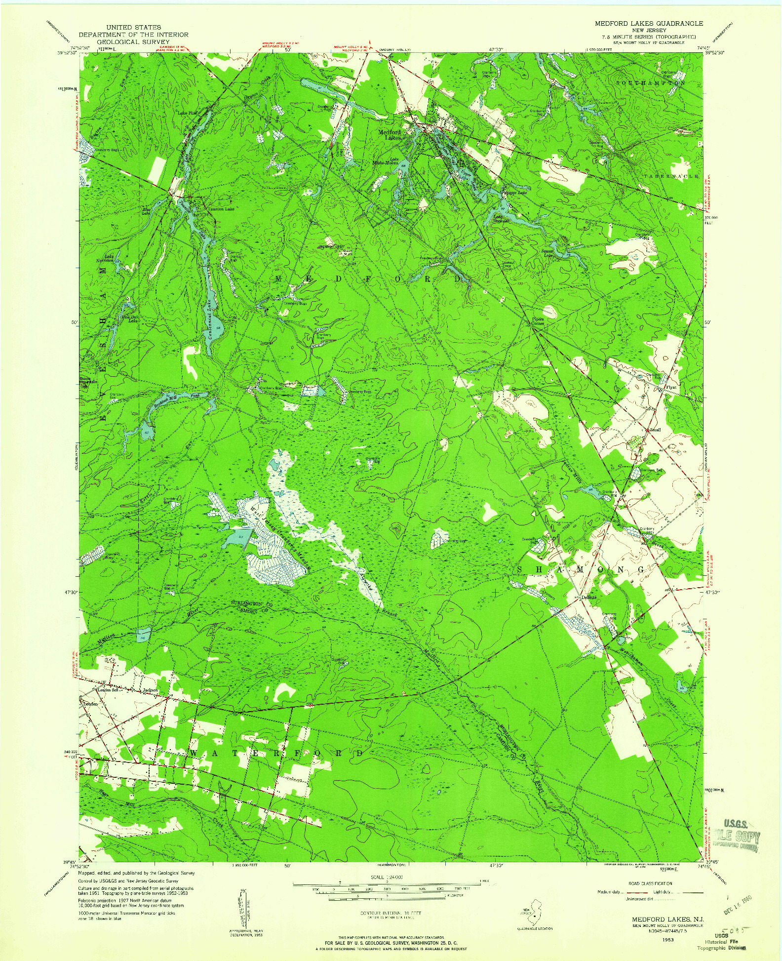 USGS 1:24000-SCALE QUADRANGLE FOR MEDFORD LAKES, NJ 1953