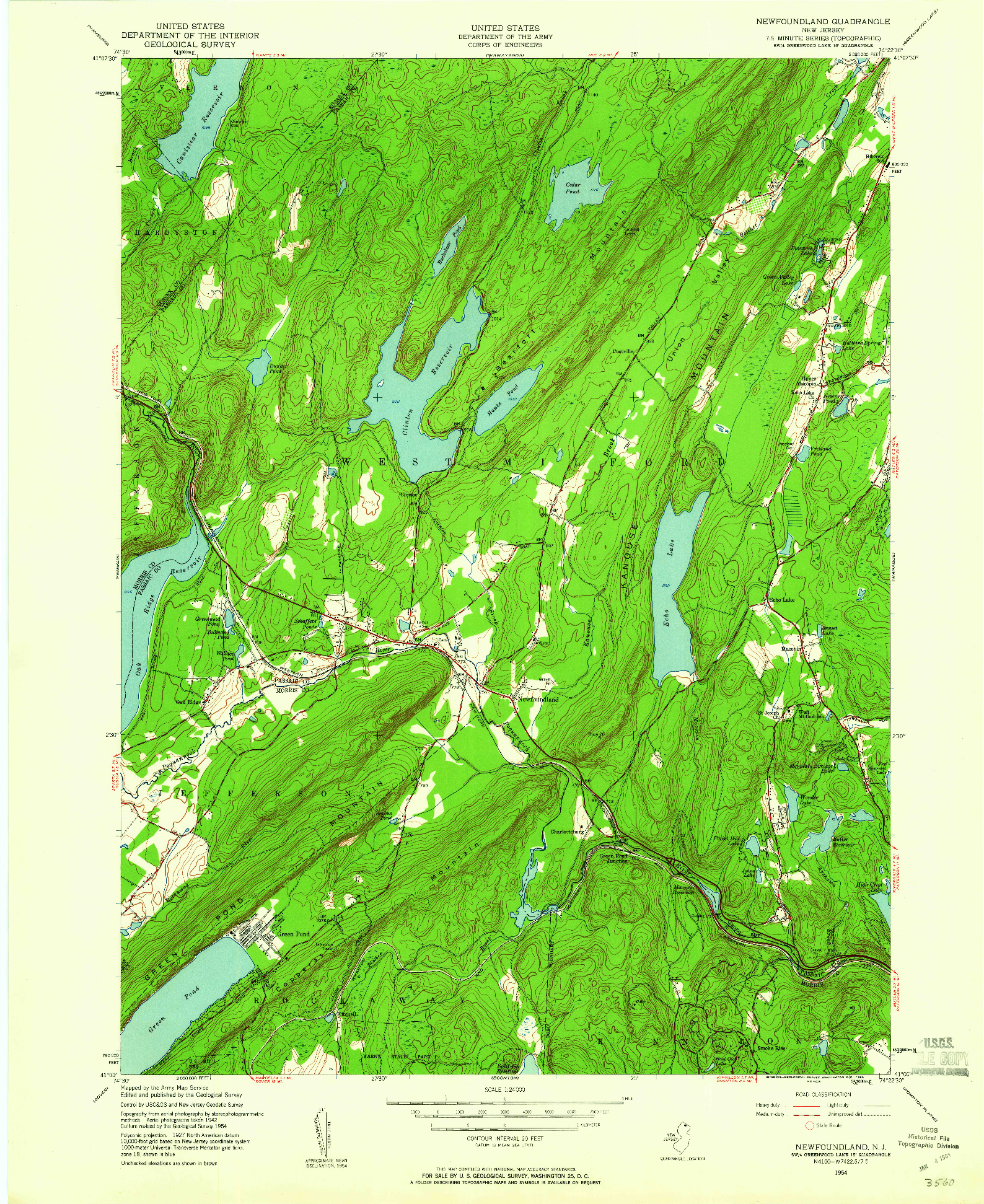 USGS 1:24000-SCALE QUADRANGLE FOR NEWFOUNDLAND, NJ 1954