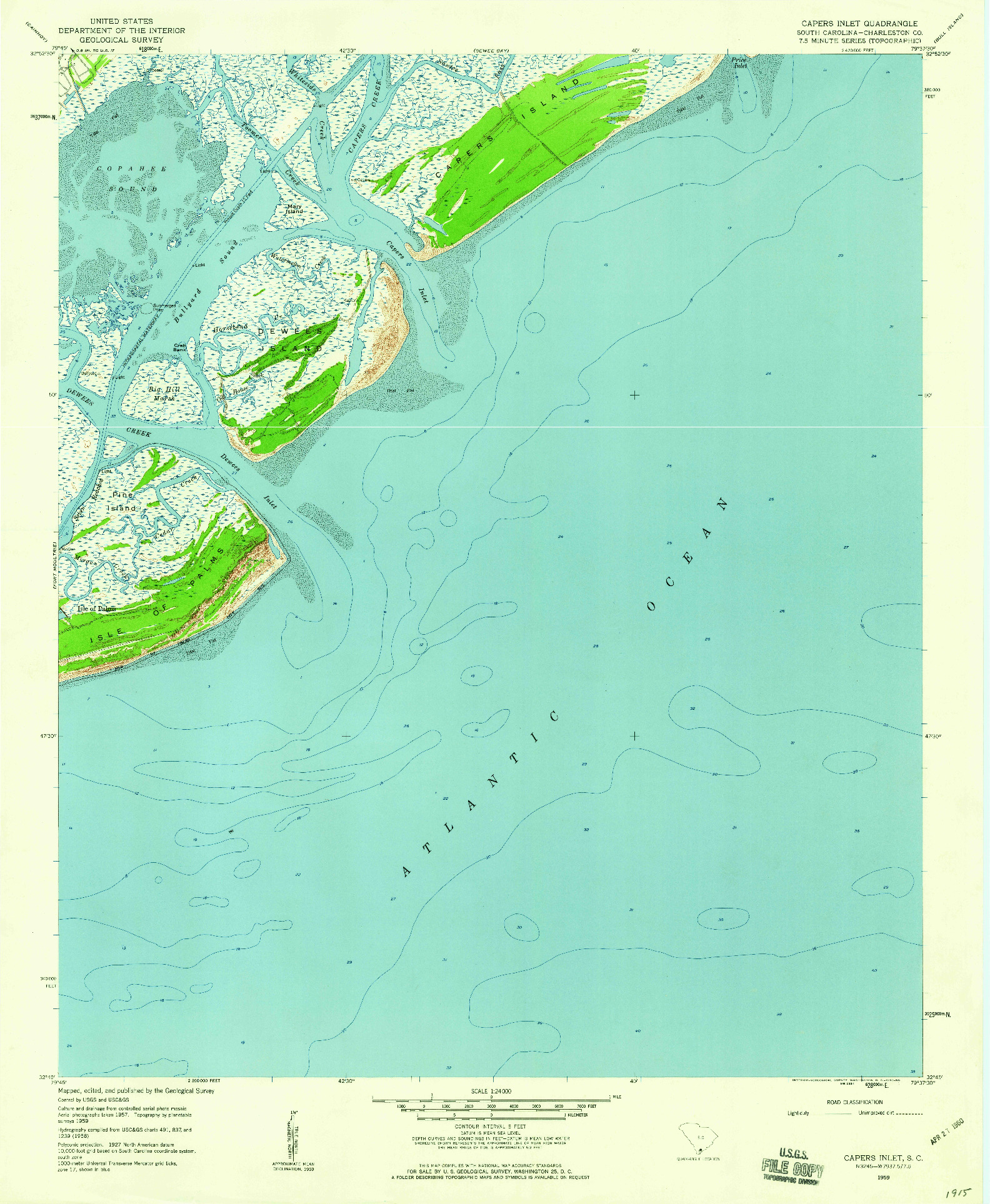 USGS 1:24000-SCALE QUADRANGLE FOR CAPERS INLET, SC 1959