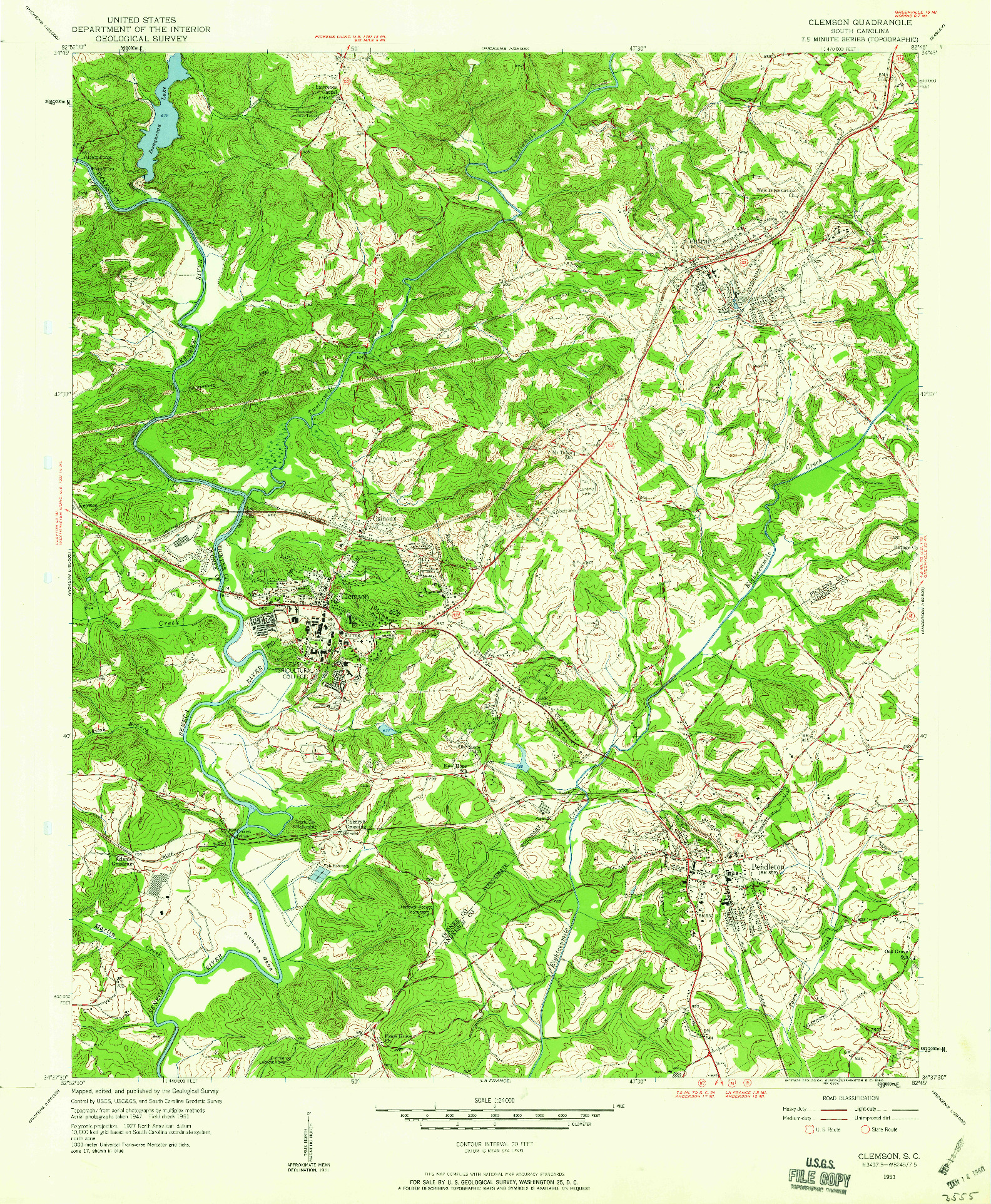 USGS 1:24000-SCALE QUADRANGLE FOR CLEMSON, SC 1951