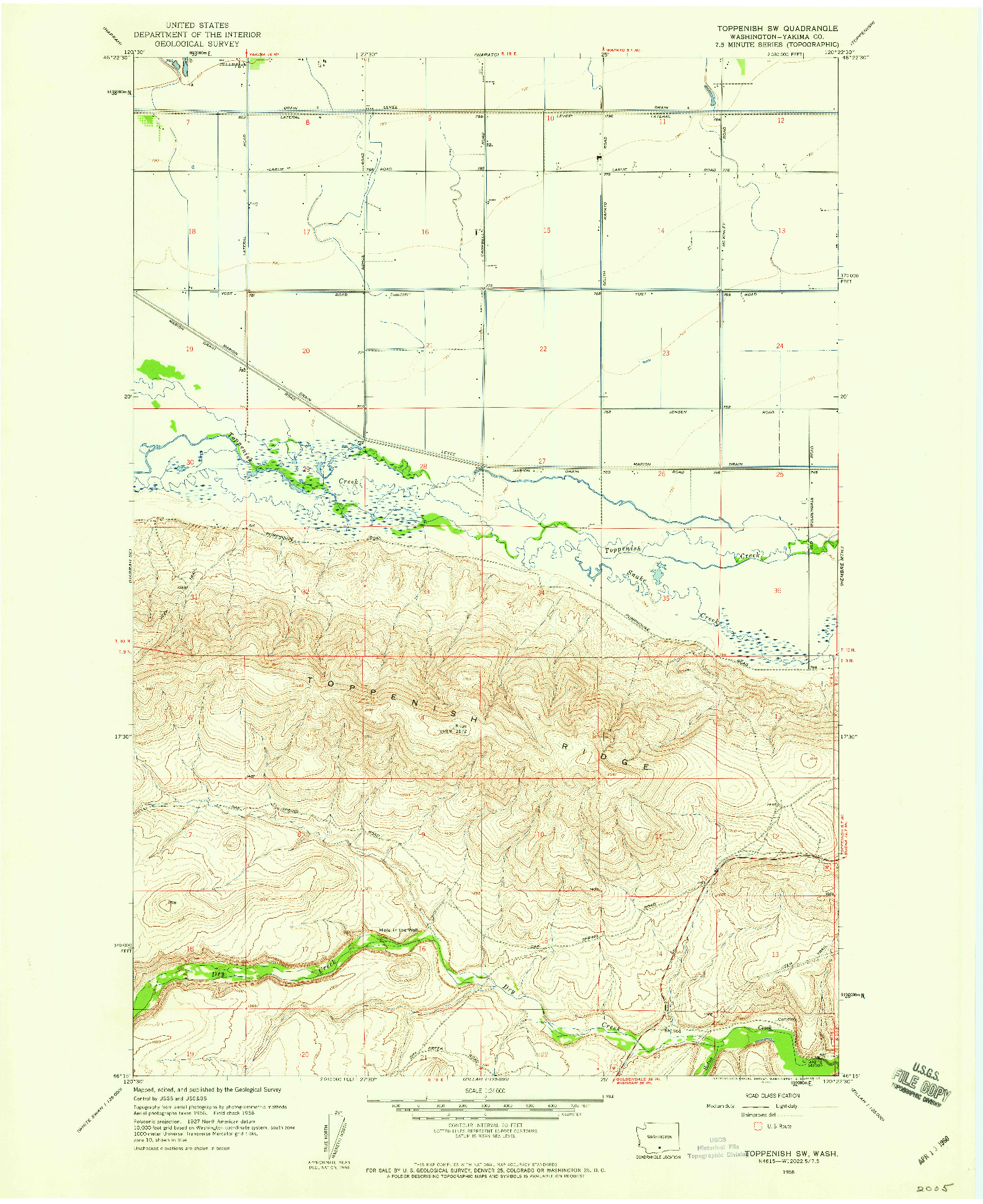 USGS 1:24000-SCALE QUADRANGLE FOR TOPPENISH SW, WA 1958