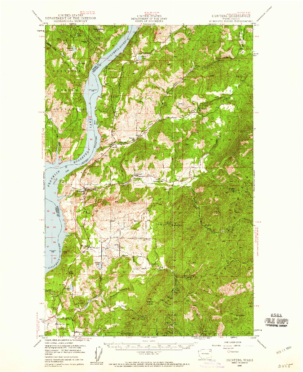 USGS 1:62500-SCALE QUADRANGLE FOR HUNTERS, WA 1948