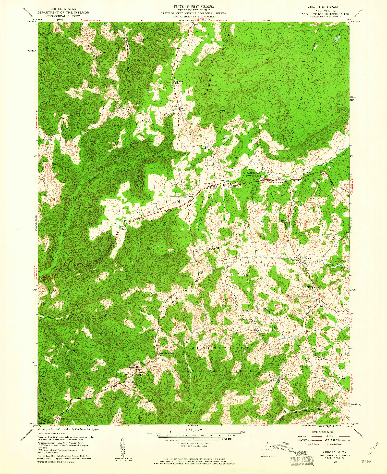 USGS 1:24000-SCALE QUADRANGLE FOR AURORA, WV 1959