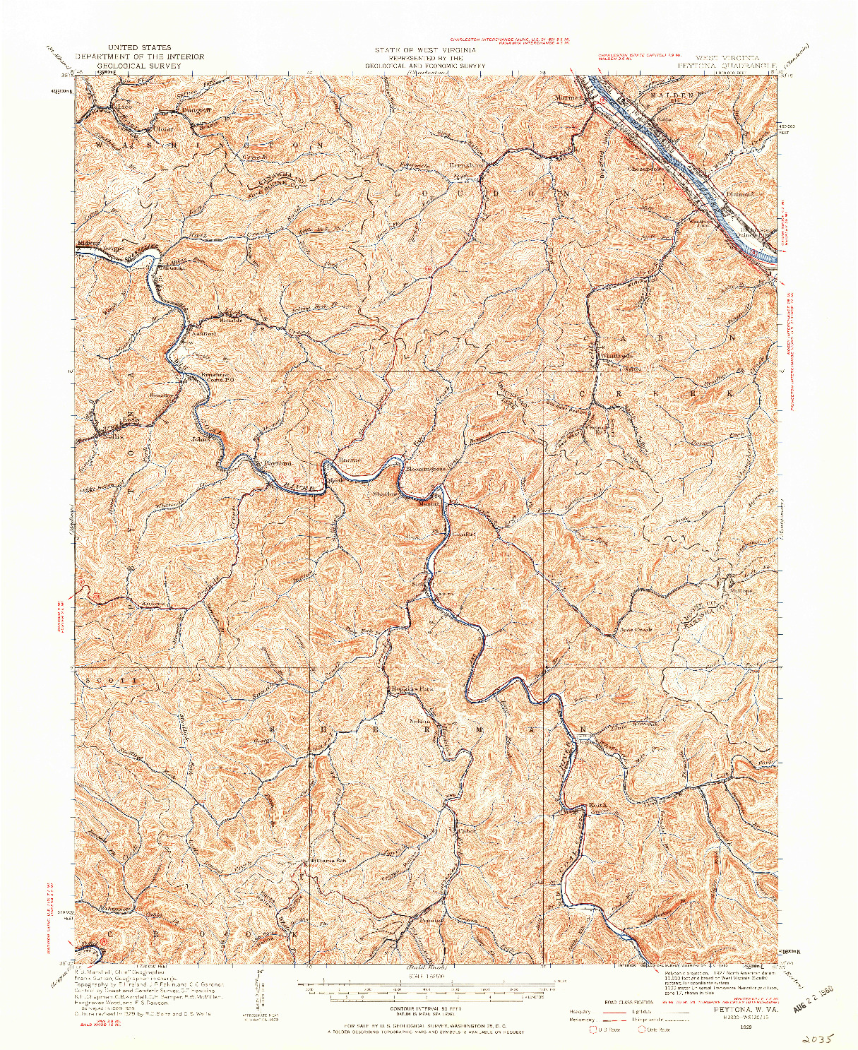 USGS 1:62500-SCALE QUADRANGLE FOR PEYTONA, WV 1929