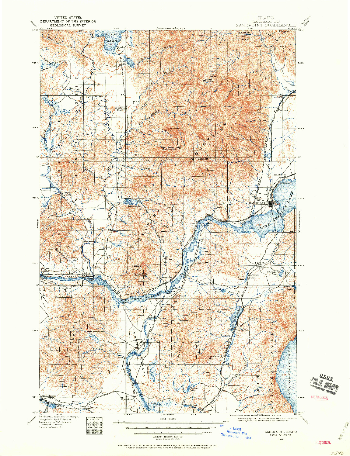 USGS 1:125000-SCALE QUADRANGLE FOR SANDPOINT, ID 1911