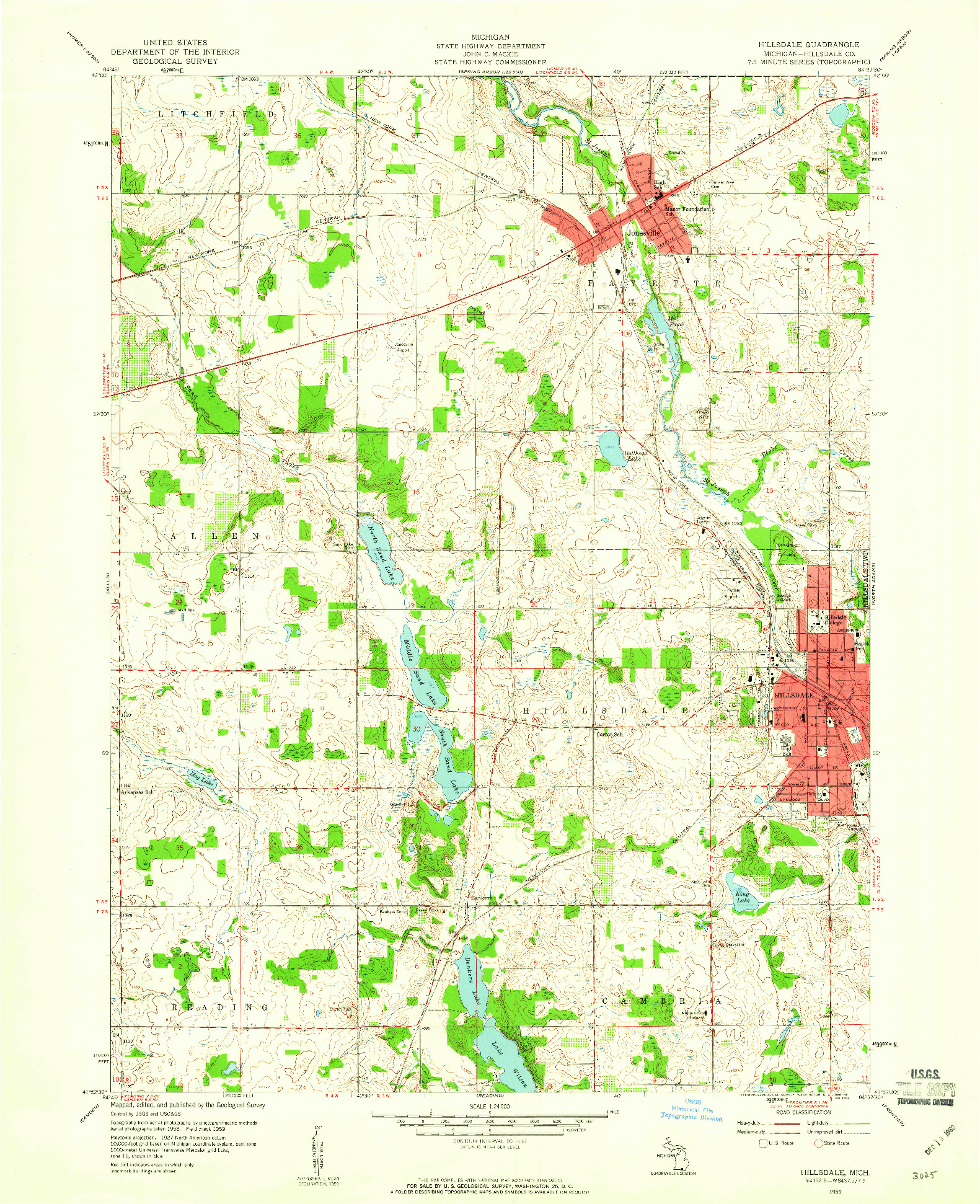 USGS 1:24000-SCALE QUADRANGLE FOR HILLSDALE, MI 1959