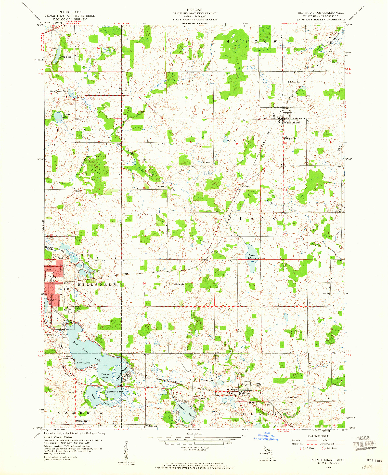 USGS 1:24000-SCALE QUADRANGLE FOR NORTH ADAMS, MI 1959