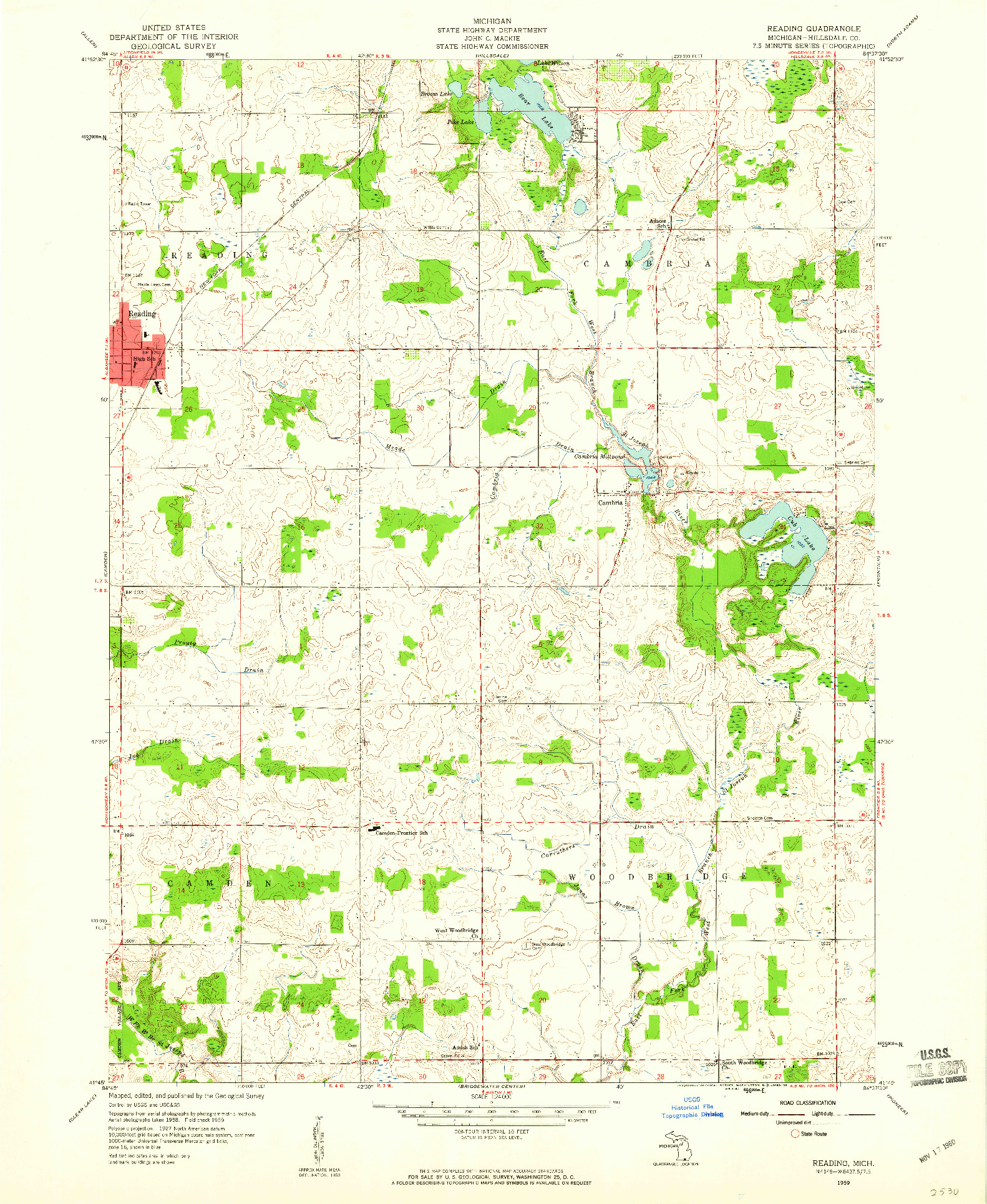 USGS 1:24000-SCALE QUADRANGLE FOR READING, MI 1959