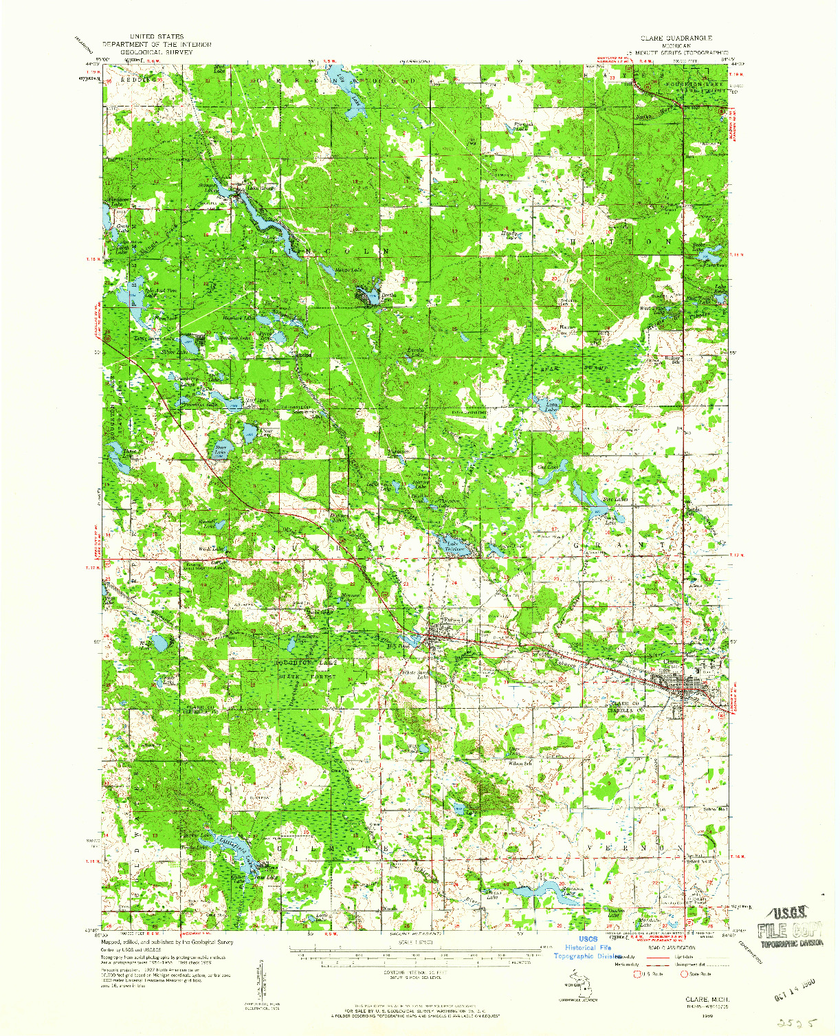 USGS 1:62500-SCALE QUADRANGLE FOR CLARE, MI 1959