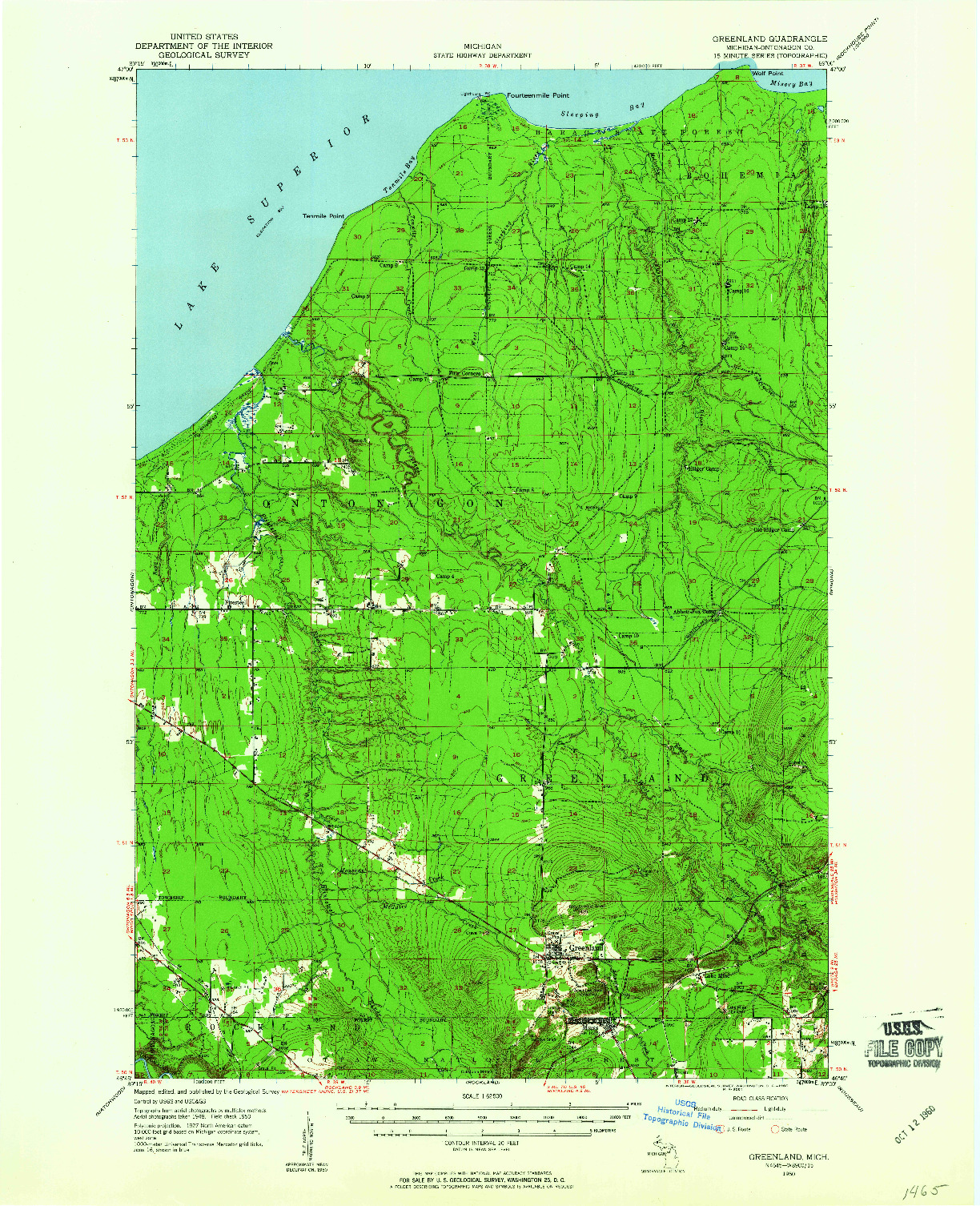 USGS 1:62500-SCALE QUADRANGLE FOR GREENLAND, MI 1950