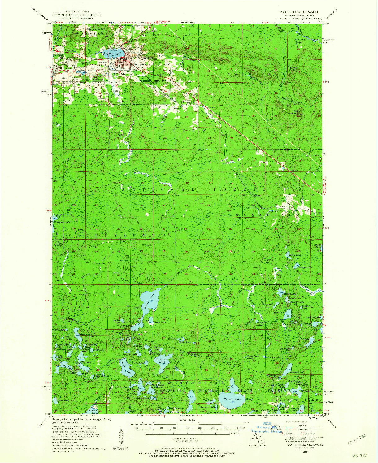 USGS 1:62500-SCALE QUADRANGLE FOR WAKEFIELD, MI 1955