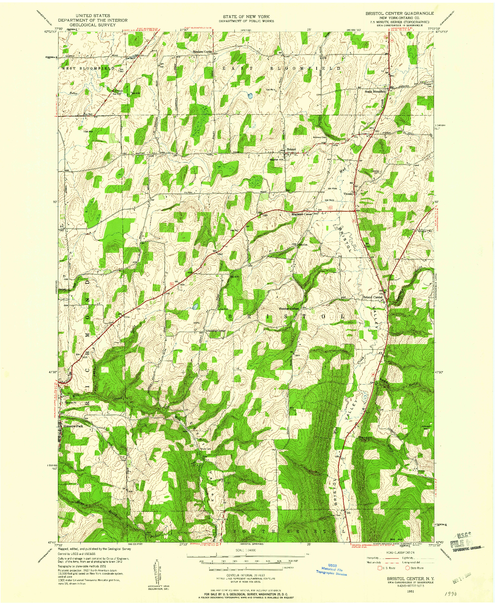 USGS 1:24000-SCALE QUADRANGLE FOR BRISTOL CENTER, NY 1951