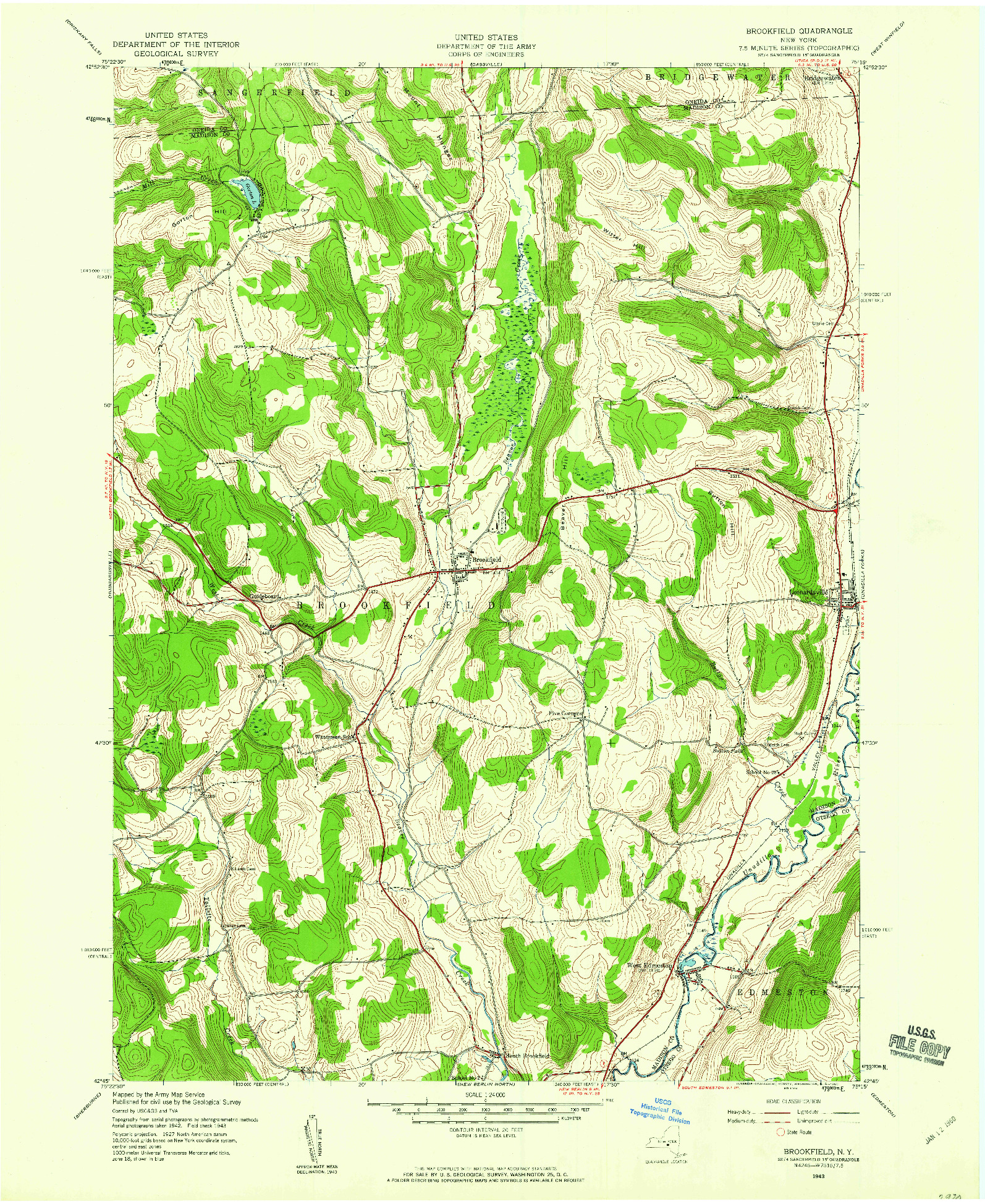 USGS 1:24000-SCALE QUADRANGLE FOR BROOKFIELD, NY 1943