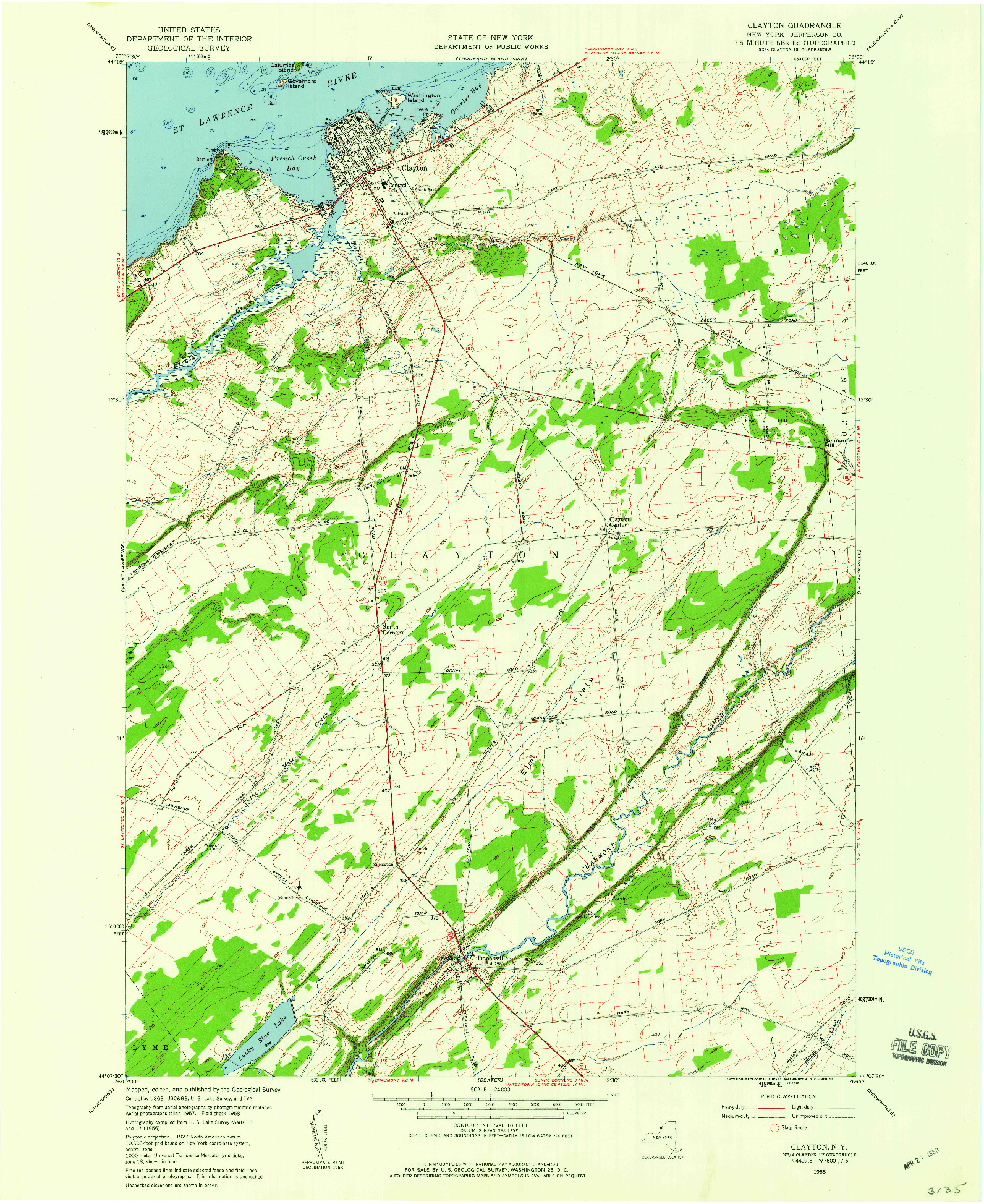 USGS 1:24000-SCALE QUADRANGLE FOR CLAYTON, NY 1958