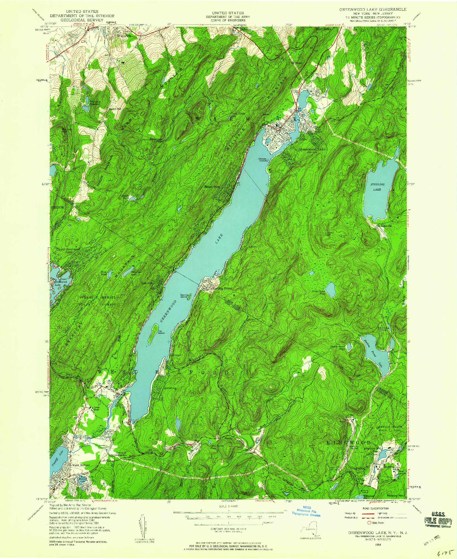 USGS 1:24000-SCALE QUADRANGLE FOR GREENWOOD LAKE, NY 1954